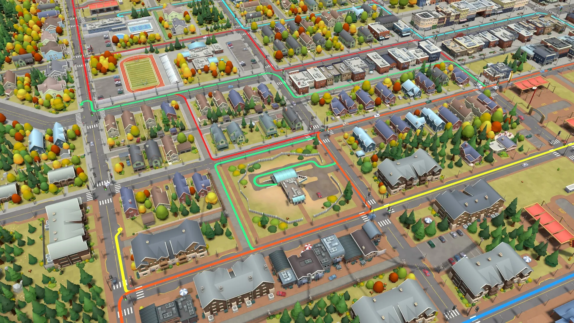 Food Truck Empire: Overhead view of a bustling city with roads, buildings, and route lines visible.