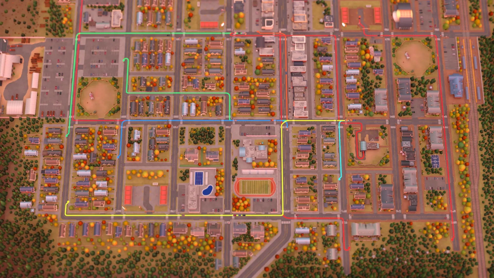 Food Truck Empire: Overhead city view showing food truck routes winding through a colorful urban map.