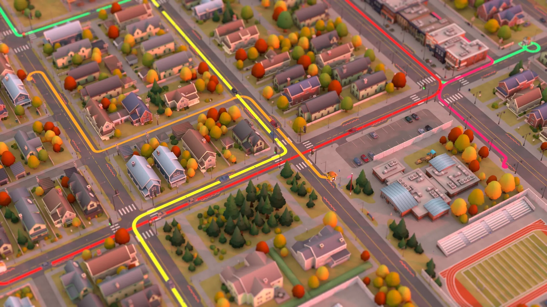 Food Truck Empire: Overhead view of suburban streets with colorful routes highlighting delivery paths