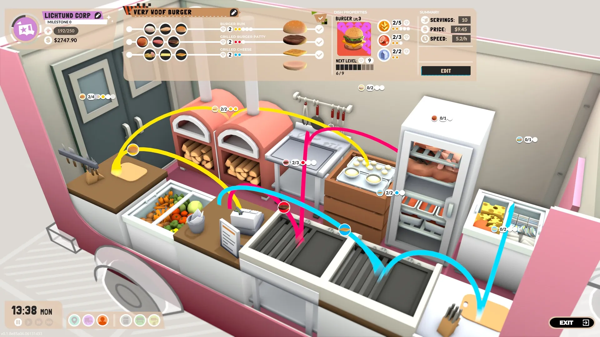 Food Truck Empire: Burger preparation process with ingredient paths in colorful food truck interior