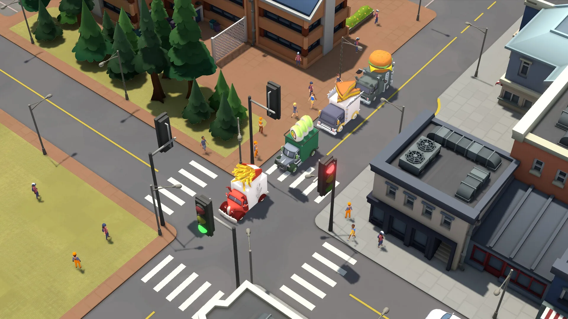 Food Truck Empire: Colorful food trucks at busy city intersection with pedestrians and buildings nearby