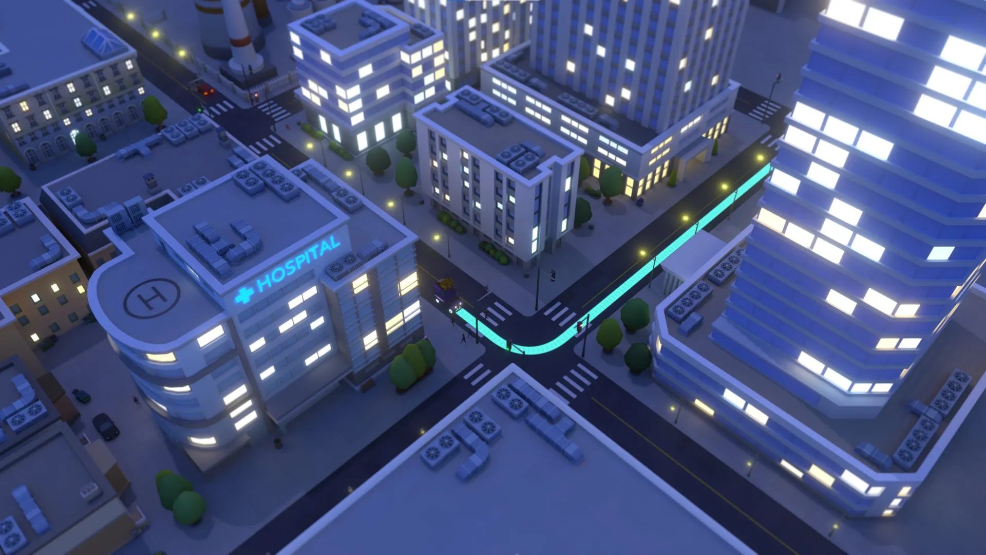 Food Truck Empire: Overhead view of city streets with illuminated hospital and food truck route