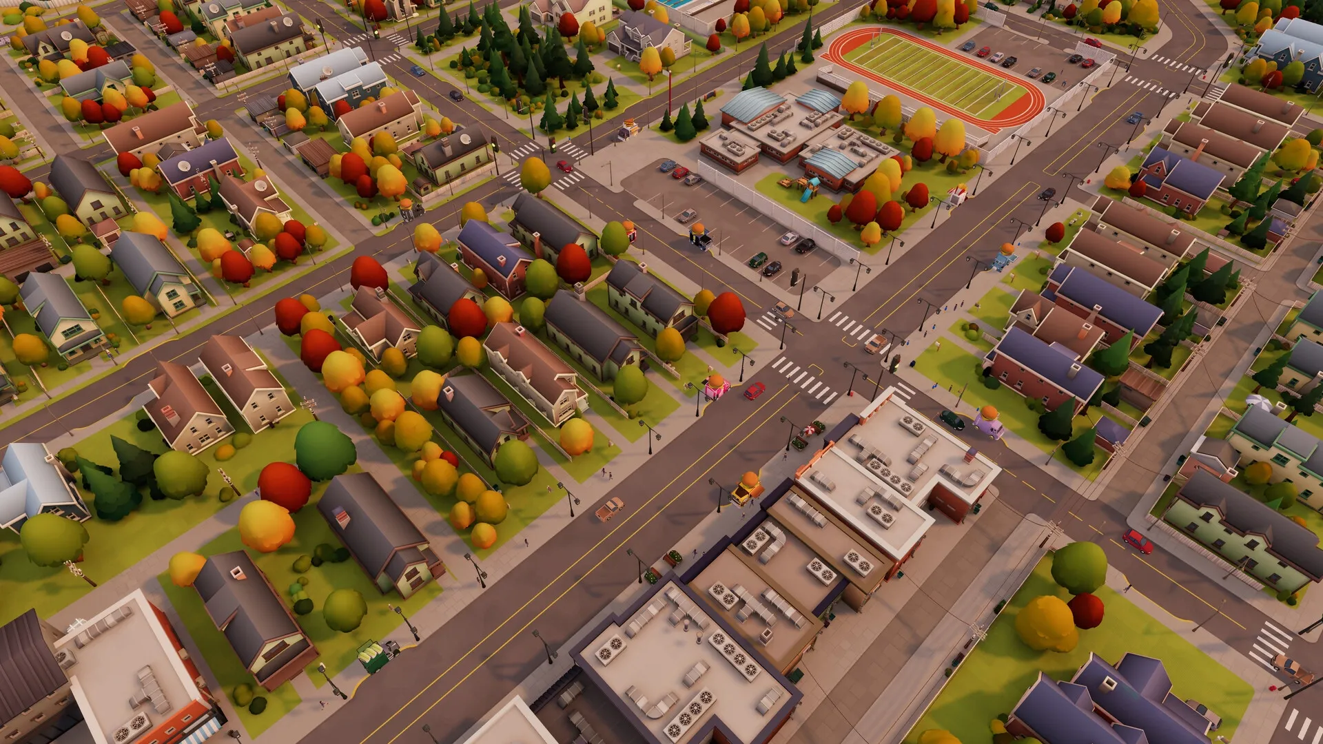 Food Truck Empire: Overhead view of a suburban neighborhood with food trucks on busy streets