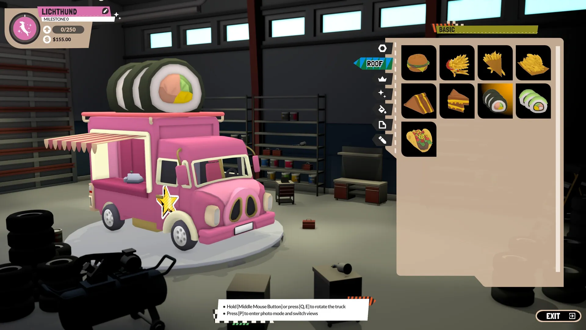 Food Truck Empire: Pink truck customization in the garage with food menu options displayed on screen
