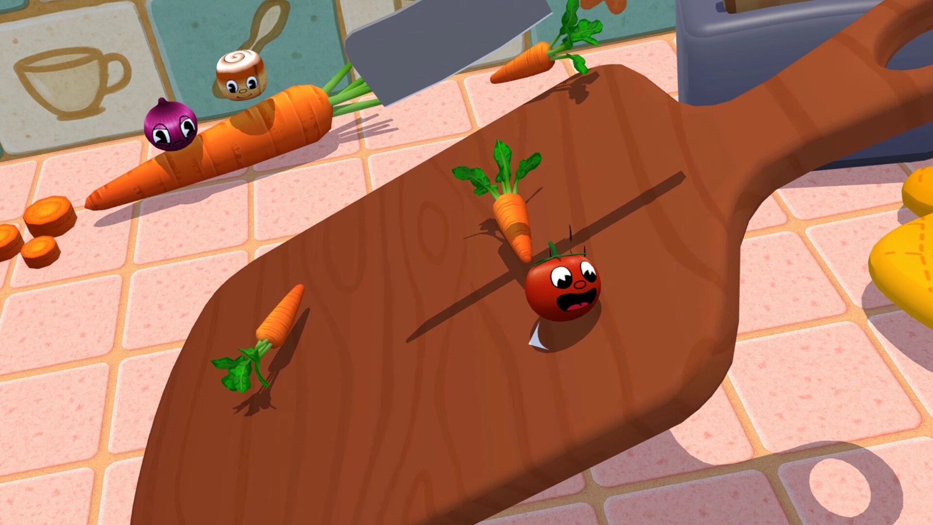 Foodgitives: Tomato and onion characters dodge a falling cleaver on a kitchen cutting board level.
