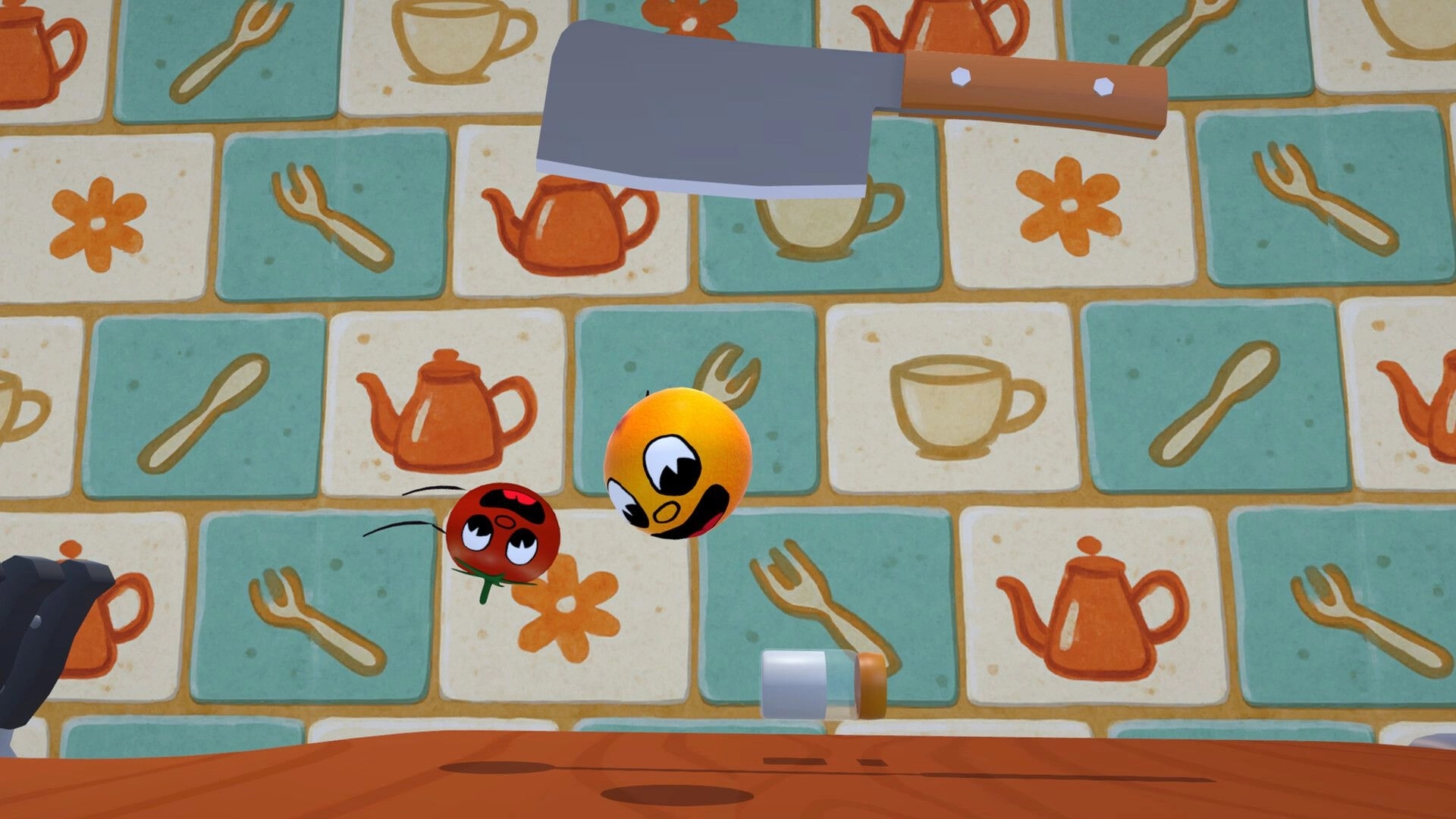 Foodgitives: Orange and tomato characters roll under a giant cleaver on patterned kitchen tiles.