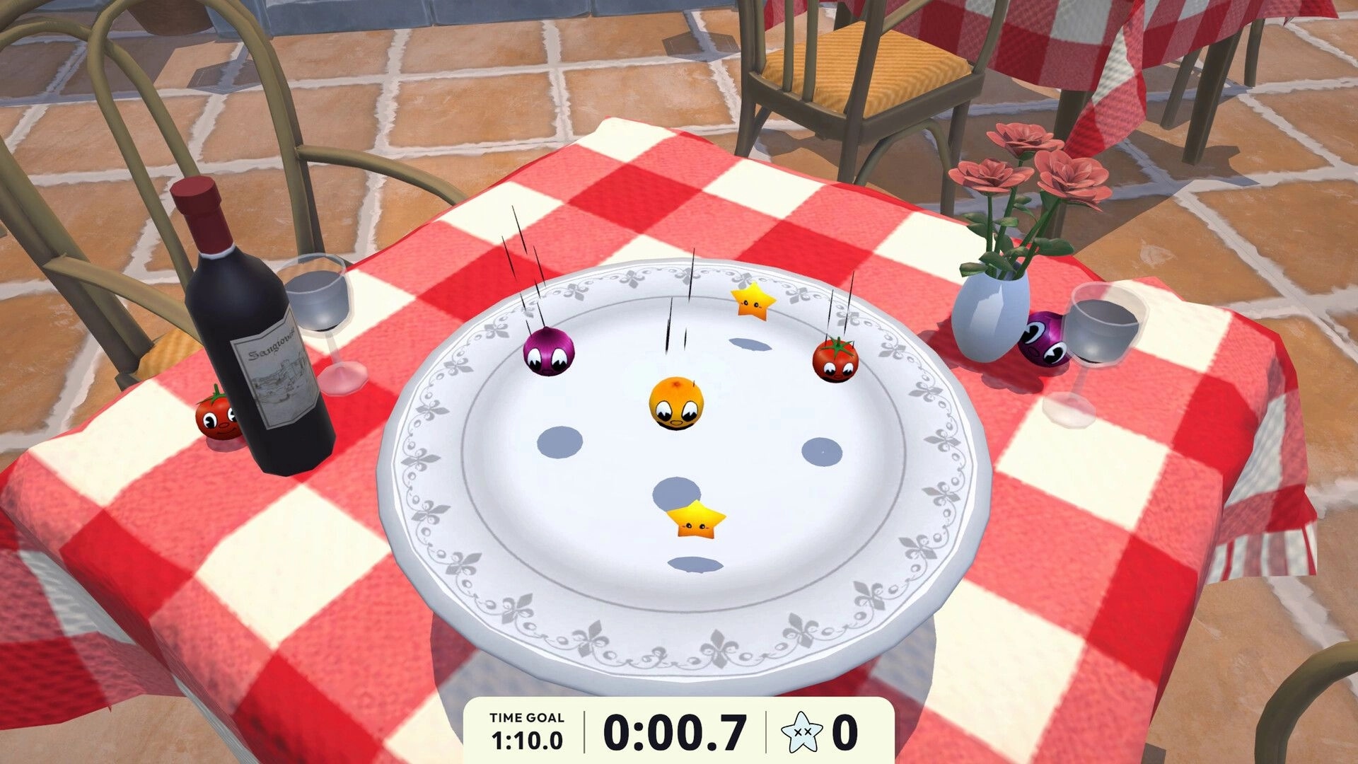 Foodgitives: Food balls bounce on a dinner plate on a checkered table, timer and star counter UI.
