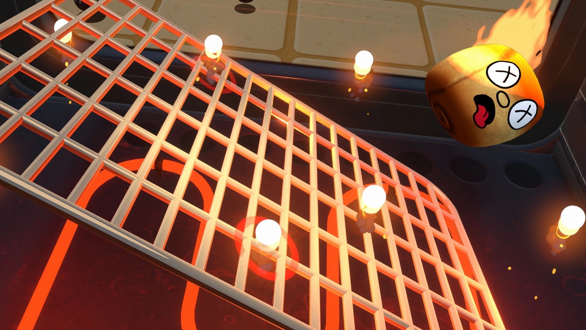 Foodgitives: Flaming potato tumbles past glowing bulbs on a tilted metal grate over a hot stove pit.