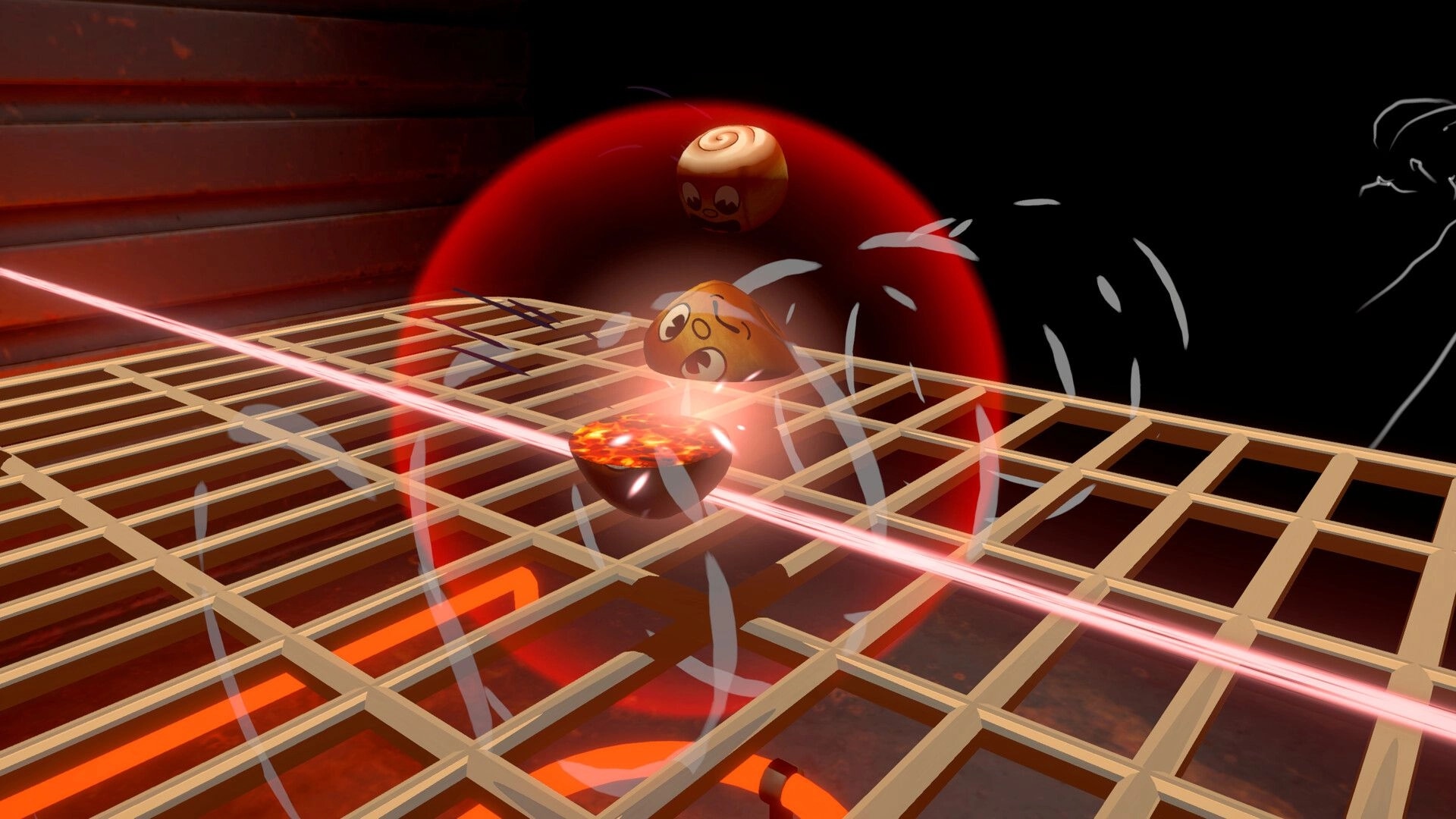 Foodgitives: Two food characters dodge a pink laser on a metal grate above glowing lava pit.