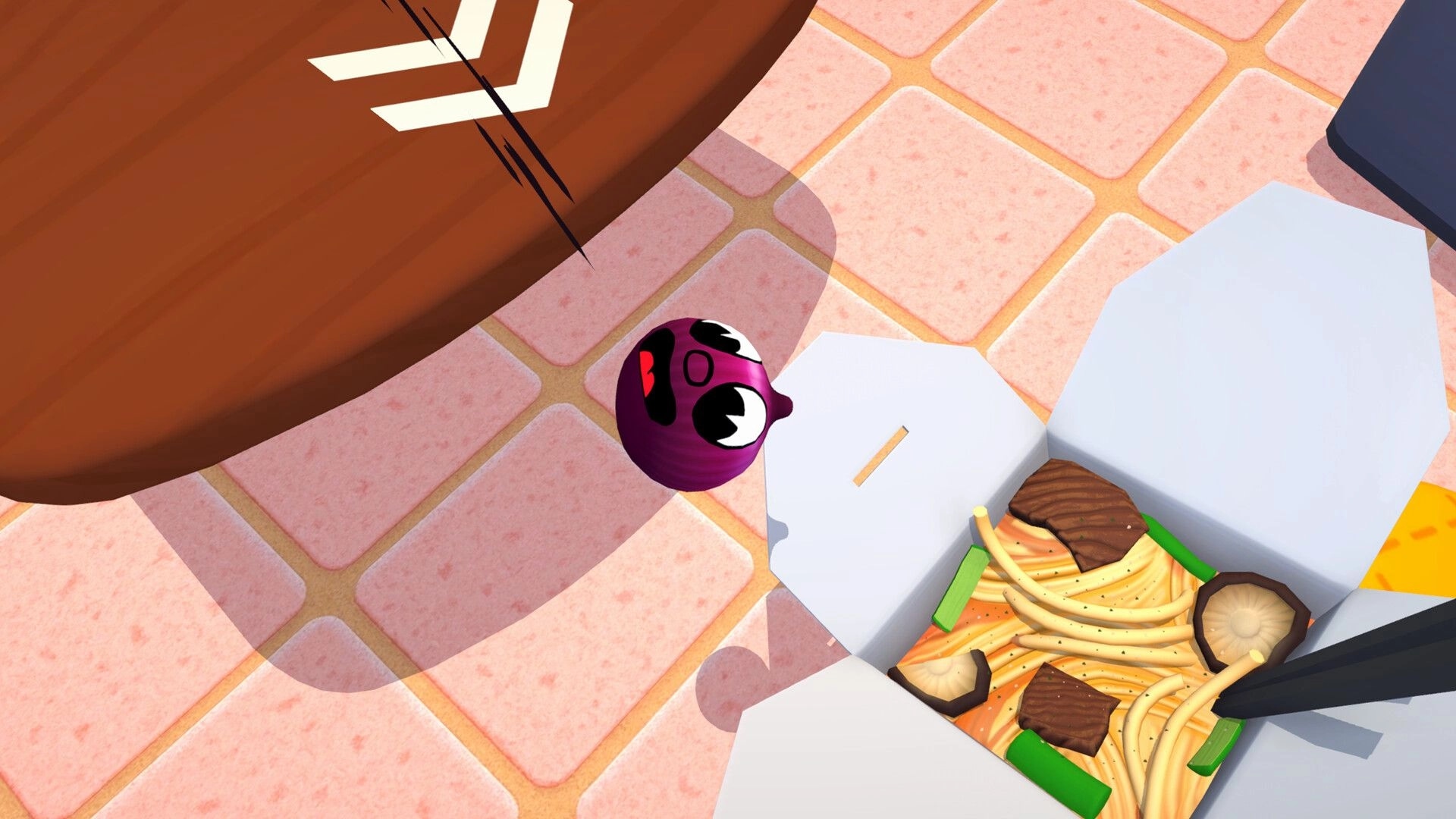 Foodgitives: Purple onion character rolls past a takeout noodle box on a tiled kitchen floor.