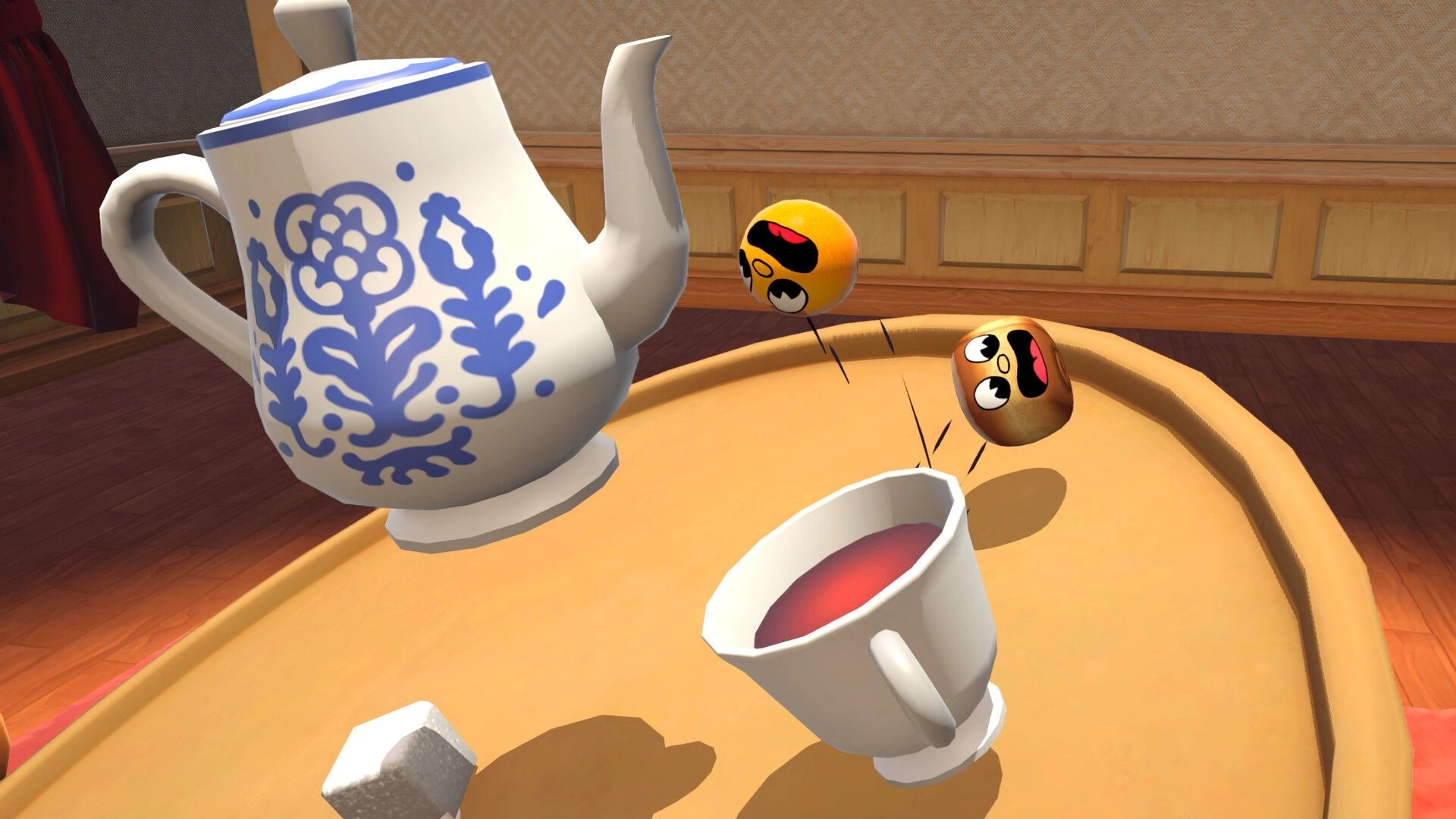 Foodgitives: Two food characters bounce on a serving tray beside teapot and cup in dining room.