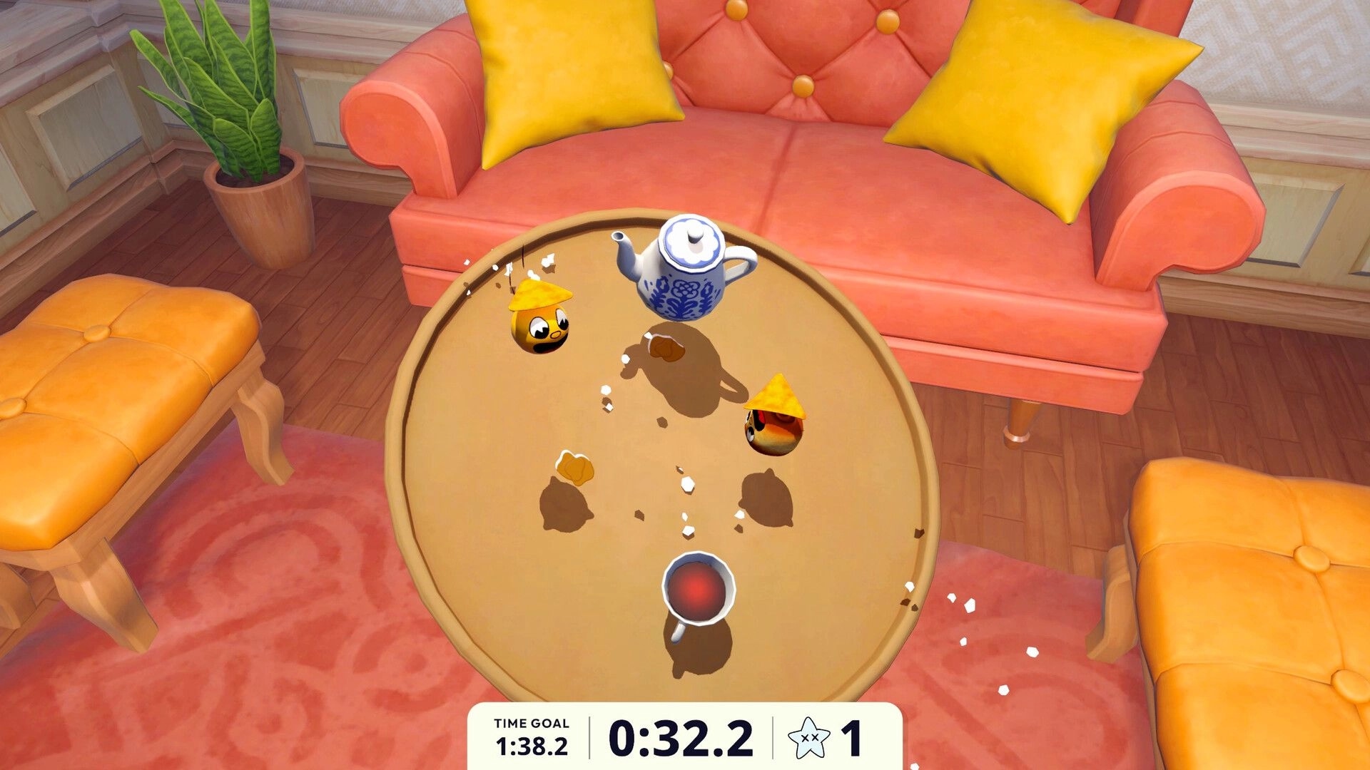 Foodgitives: Two food characters roll on a round table by a sofa, timer UI at bottom center.