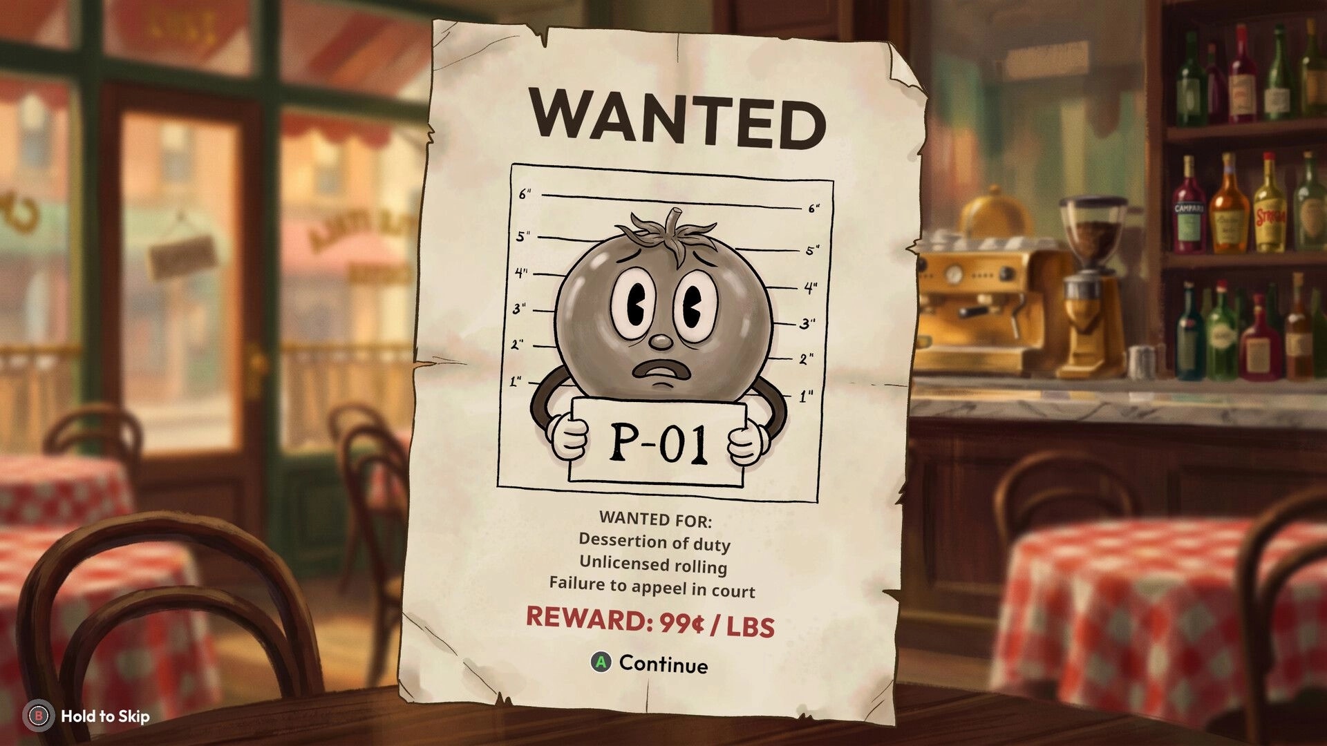 Foodgitives: Wanted poster UI for P-01 tomato mugshot in a cozy restaurant dining room backdrop.