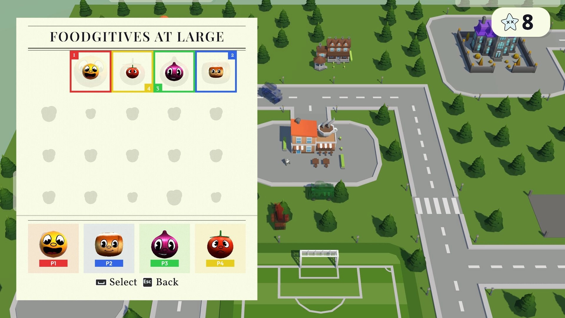 Foodgitives: Character select menu with four food avatars and P1-P4 slots over a city map hub.