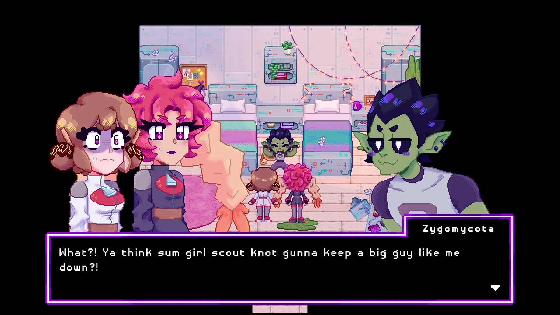 Foodomina: Two Food Girls confront Zygomycota in a colorful bedroom with bunk beds and dialogue box.