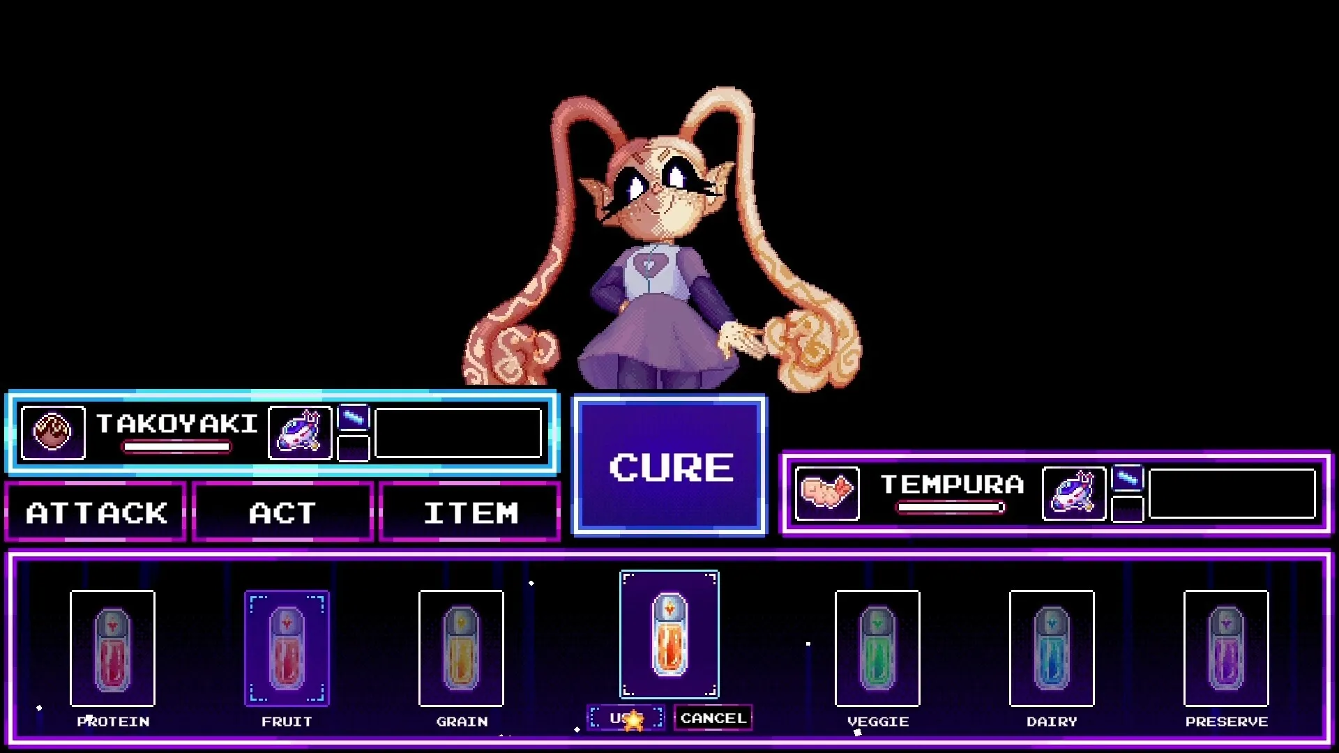 Foodomina: Takoyaki character using Cure ability in battle interface with item selection visible