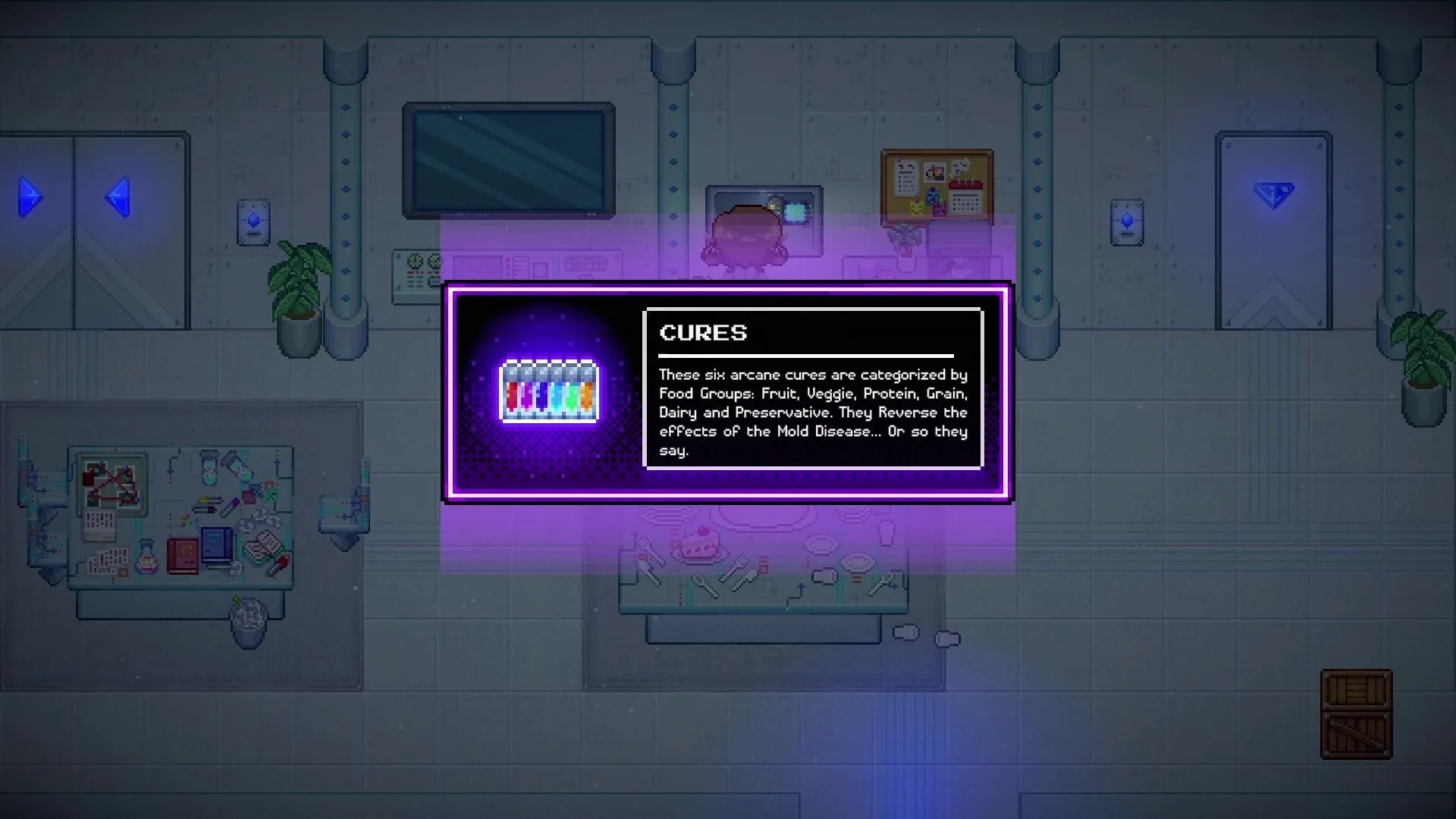 Foodomina: Display of cures categorized by food groups in a futuristic lab setting
