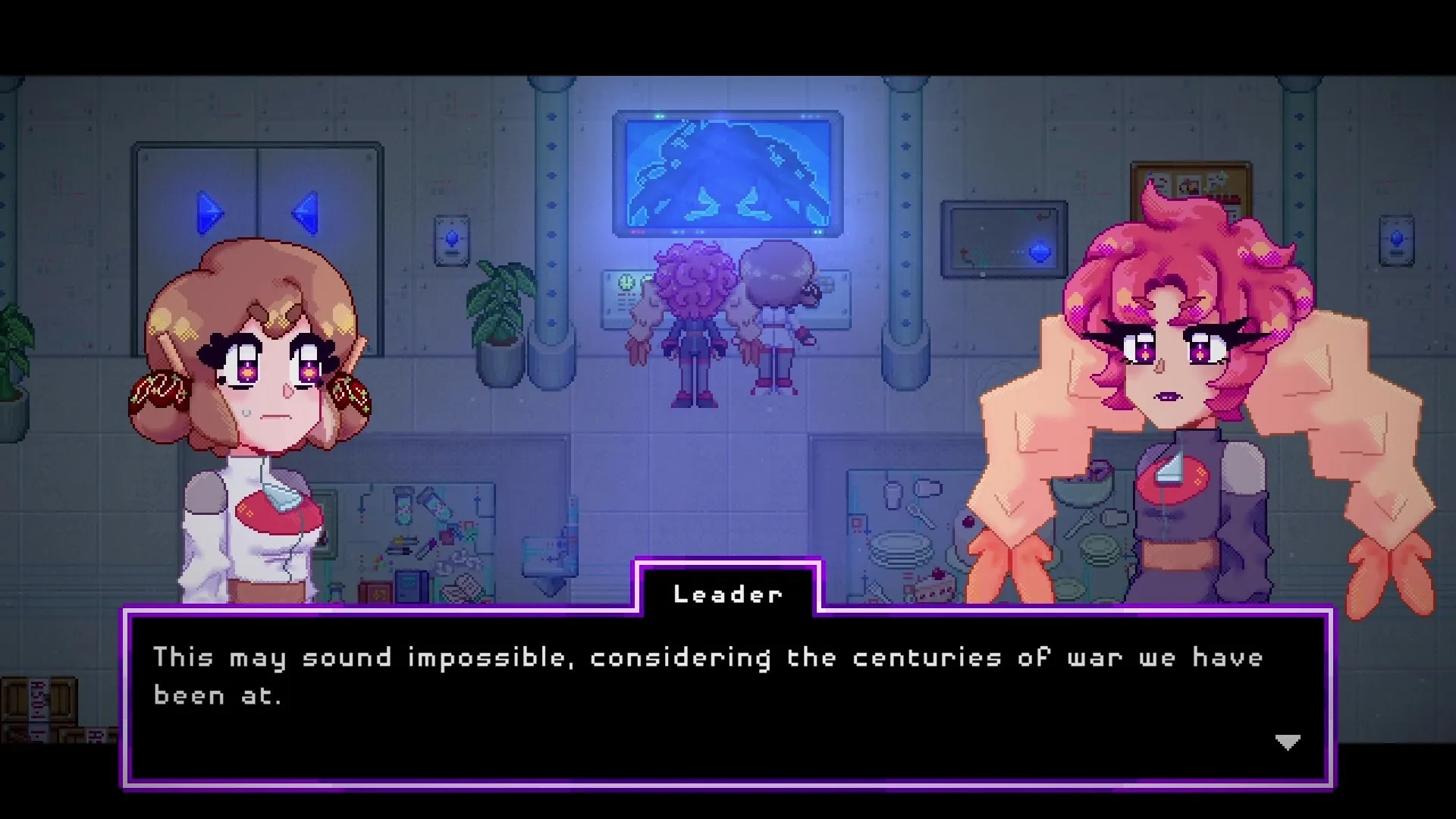 Foodomina: Dialogue scene with two characters discussing in a futuristic control room environment.