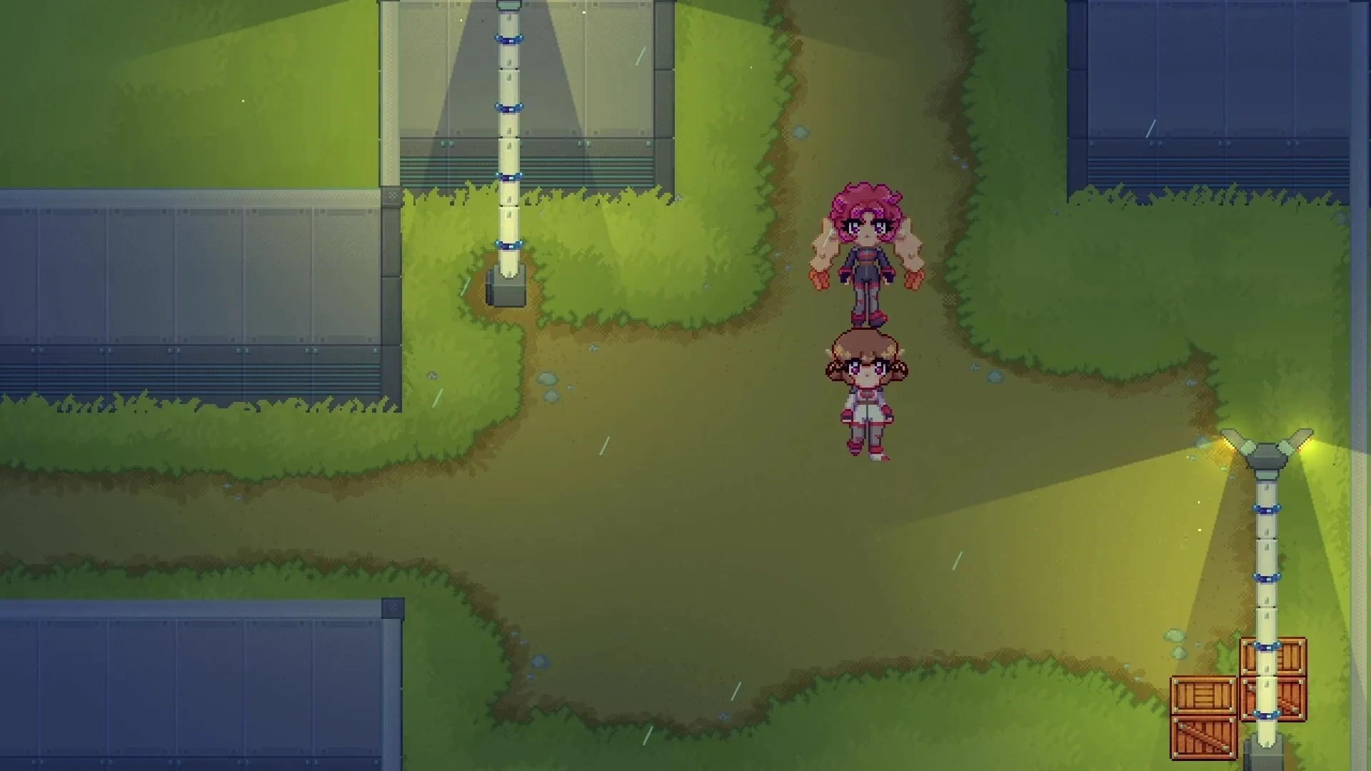 Foodomina: Two Food Girls explore grassy path with crates and light poles on Foodian Planet at night.