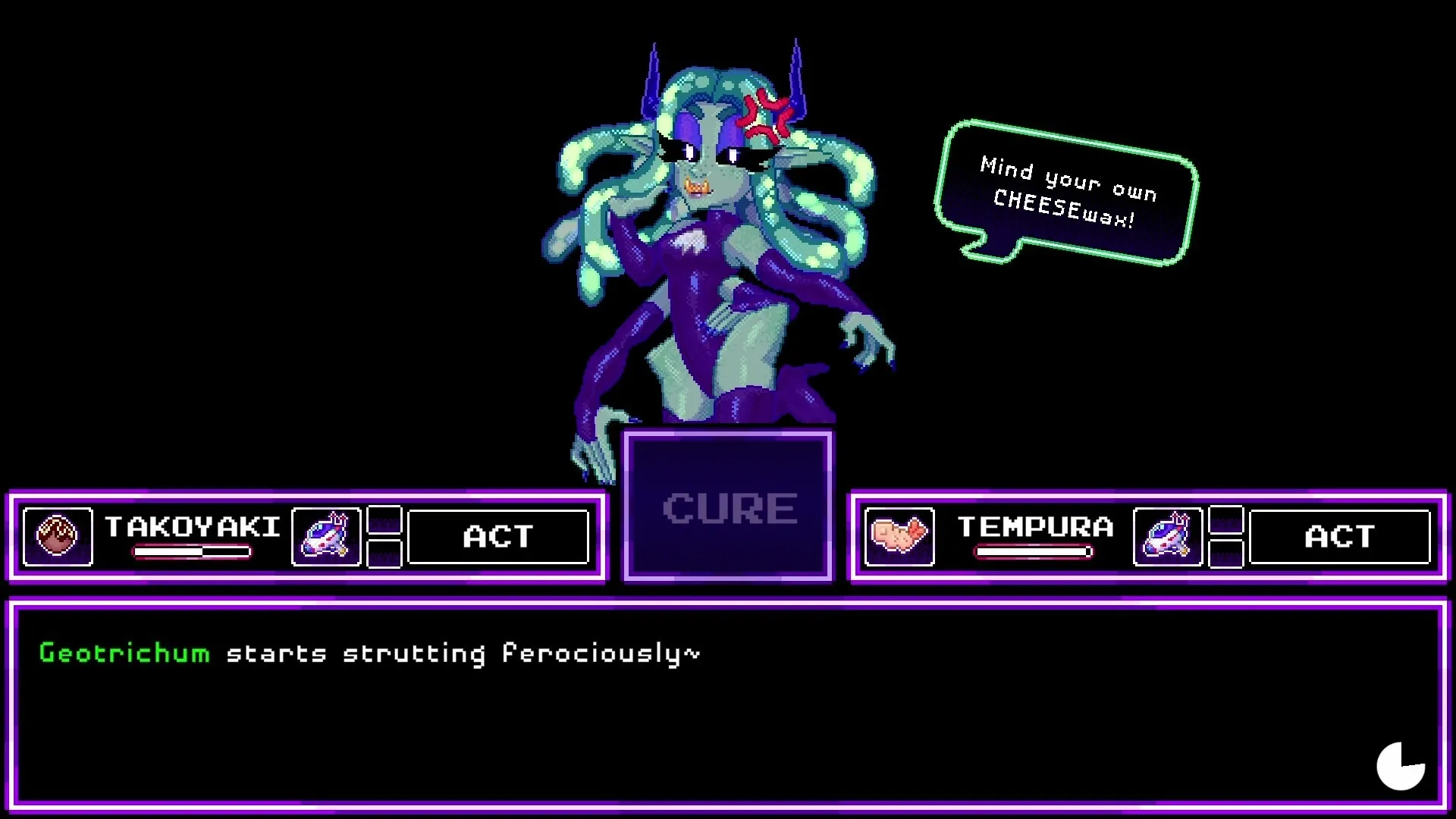 Foodomina: Geotrichum struts fiercely in battle interface with Takoyaki and Tempura ready to act