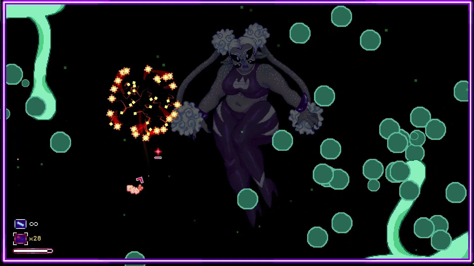 Foodomina: Boss battle with giant mold creature in space, player dodging attacks, UI shows health bar.