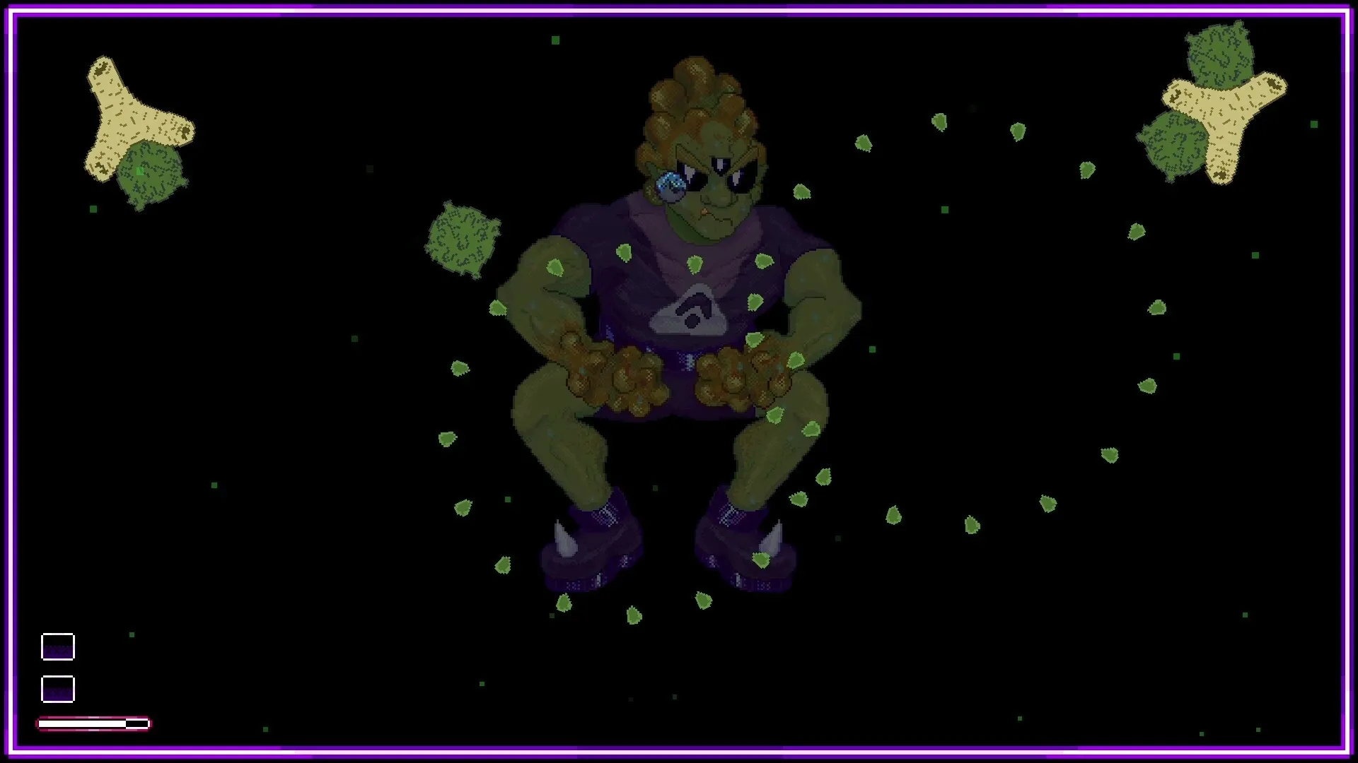 Foodomina: Mold creature in space surrounded by spores, with purple border and health bar below.
