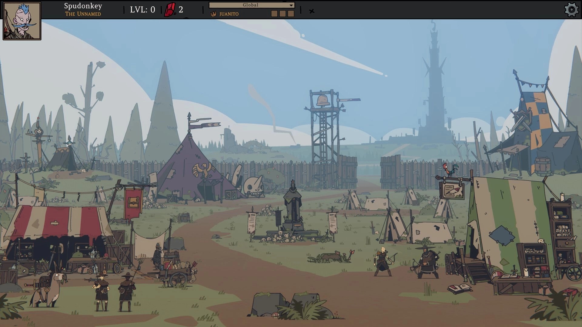 Fool King: Player profile HUD over a fortified camp hub with tents, vendors, and watchtowers.