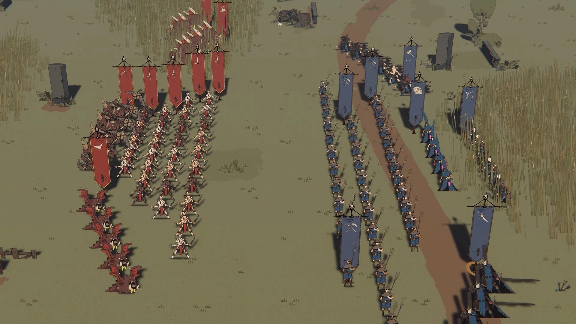 Fool King: Red and blue armies lined in formations under banners on a grassy field beside a road.