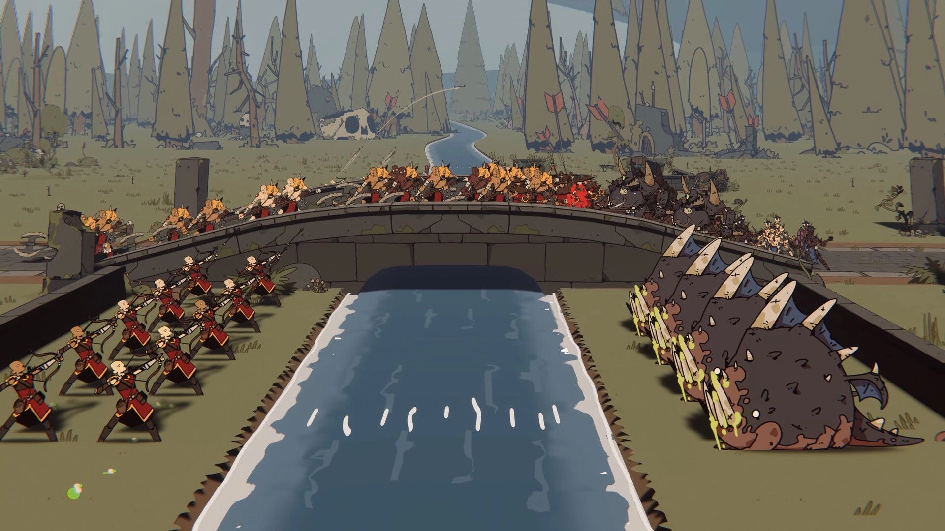 Fool King: Armies clash on a stone bridge over a river, archers and beasts packed in ranks.