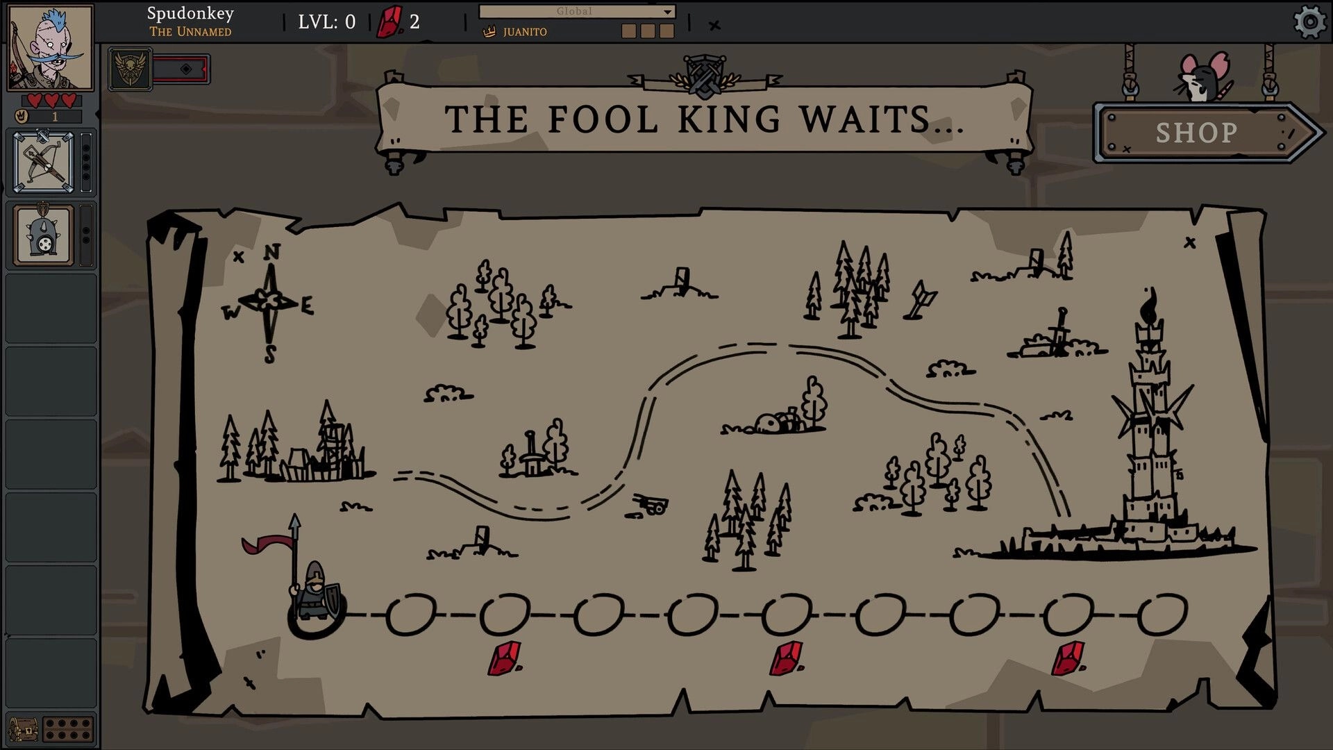 Fool King: World map menu with path nodes, hero icon, and Shop button beside the Fool King tower.