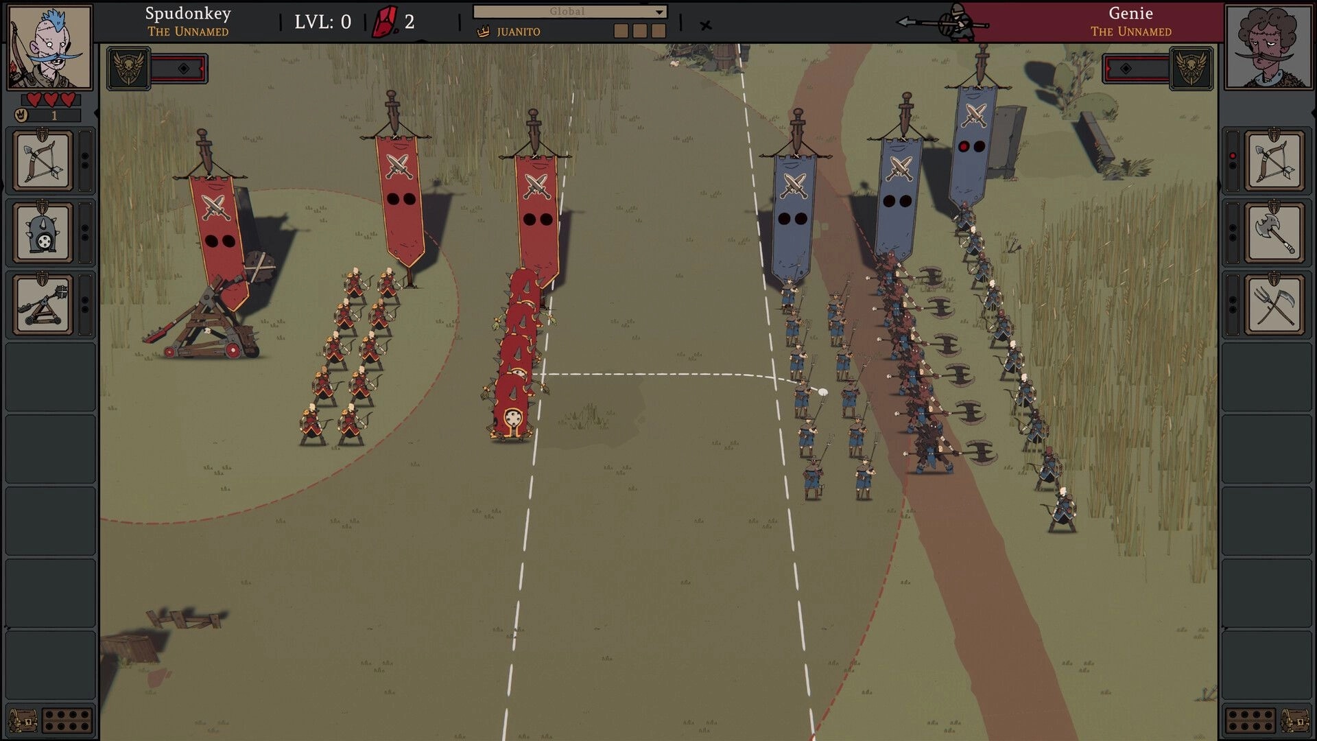 Fool King: Formation setup with red and blue squads and banners facing off on a grassy lane map.