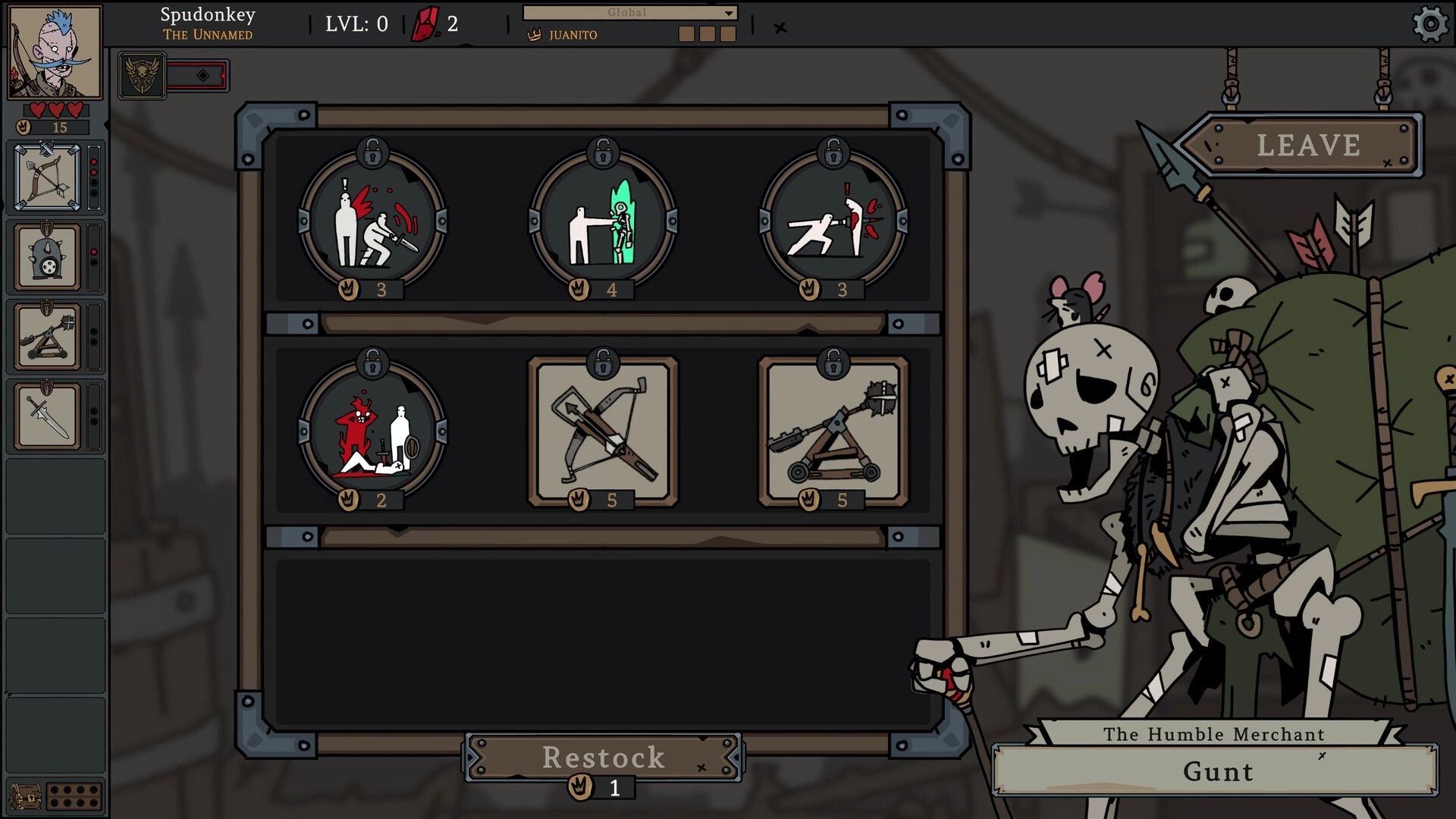 Fool King: Merchant shop menu with locked perks and siege weapons, Leave and Restock buttons visible.