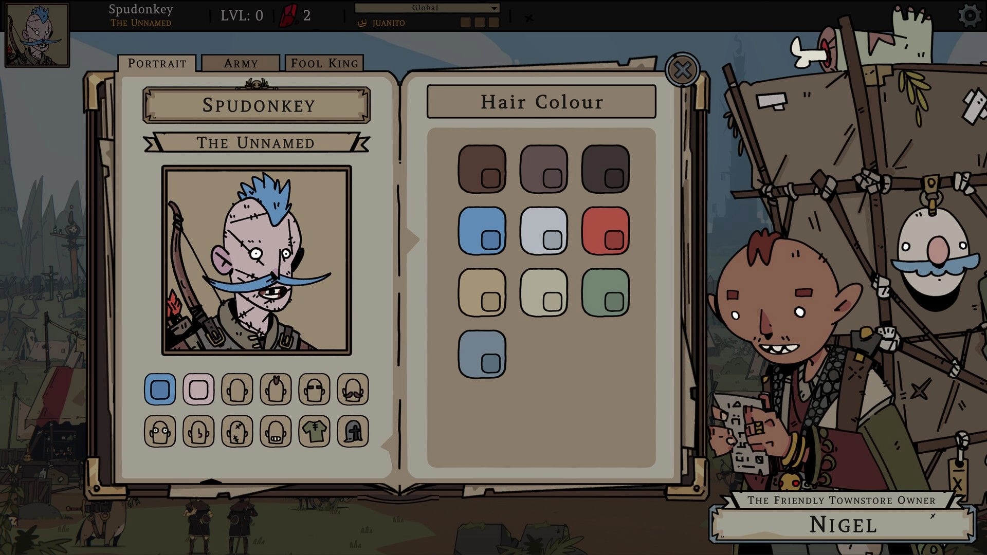 Fool King: Portrait customization menu selecting hair colour for Spudonkey beside townstore owner Nigel.