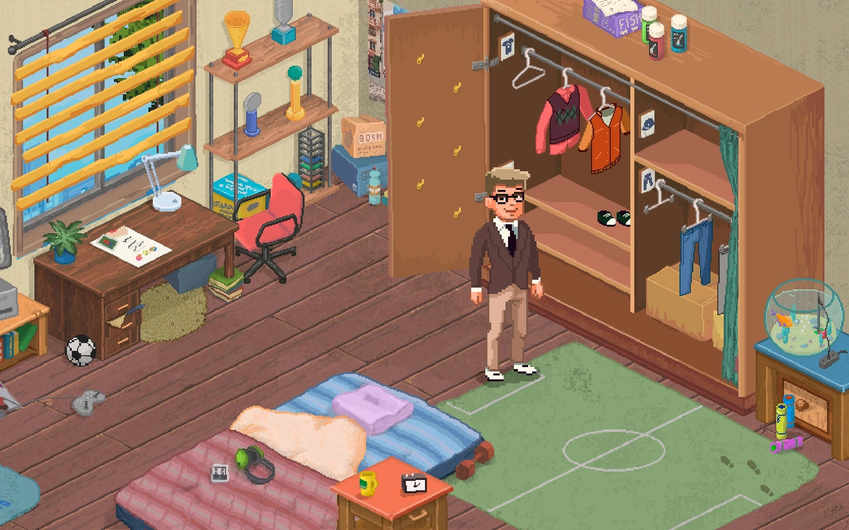 Football Story: Character in glasses stands by an open wardrobe in a cozy, cluttered bedroom setting.