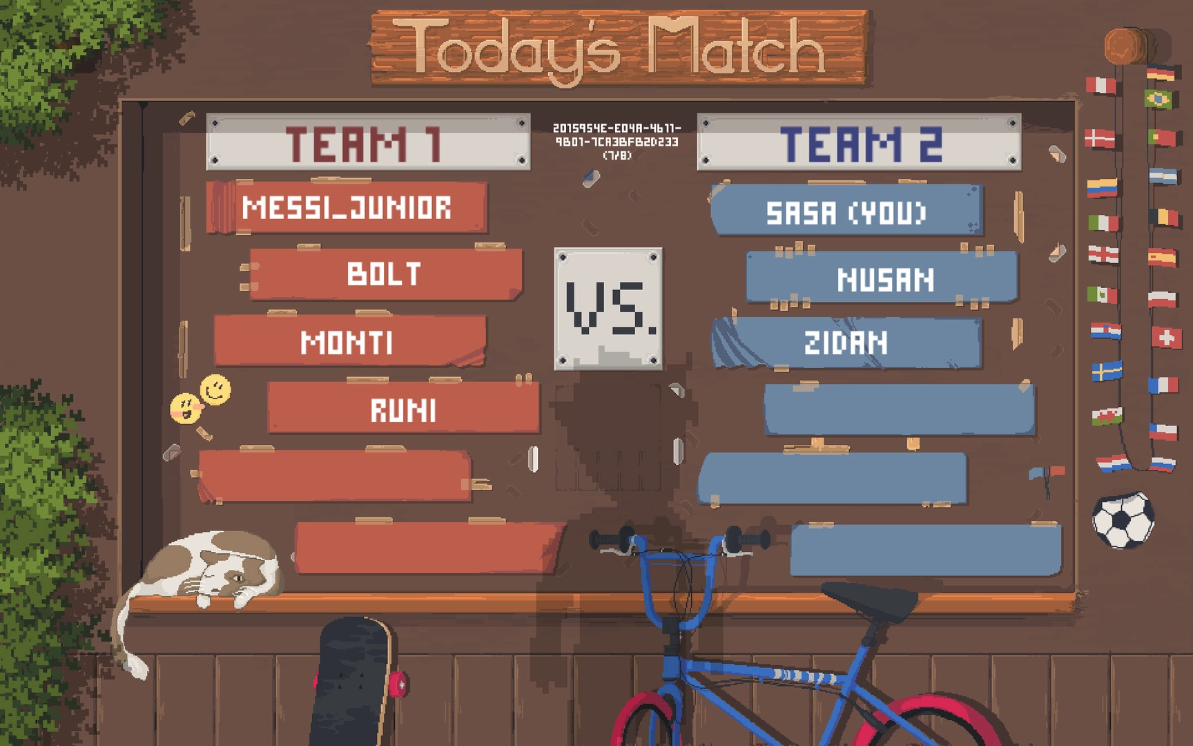 Football Story: Match lineup board with Team 1 and Team 2, a bike, skateboard, and resting cat nearby
