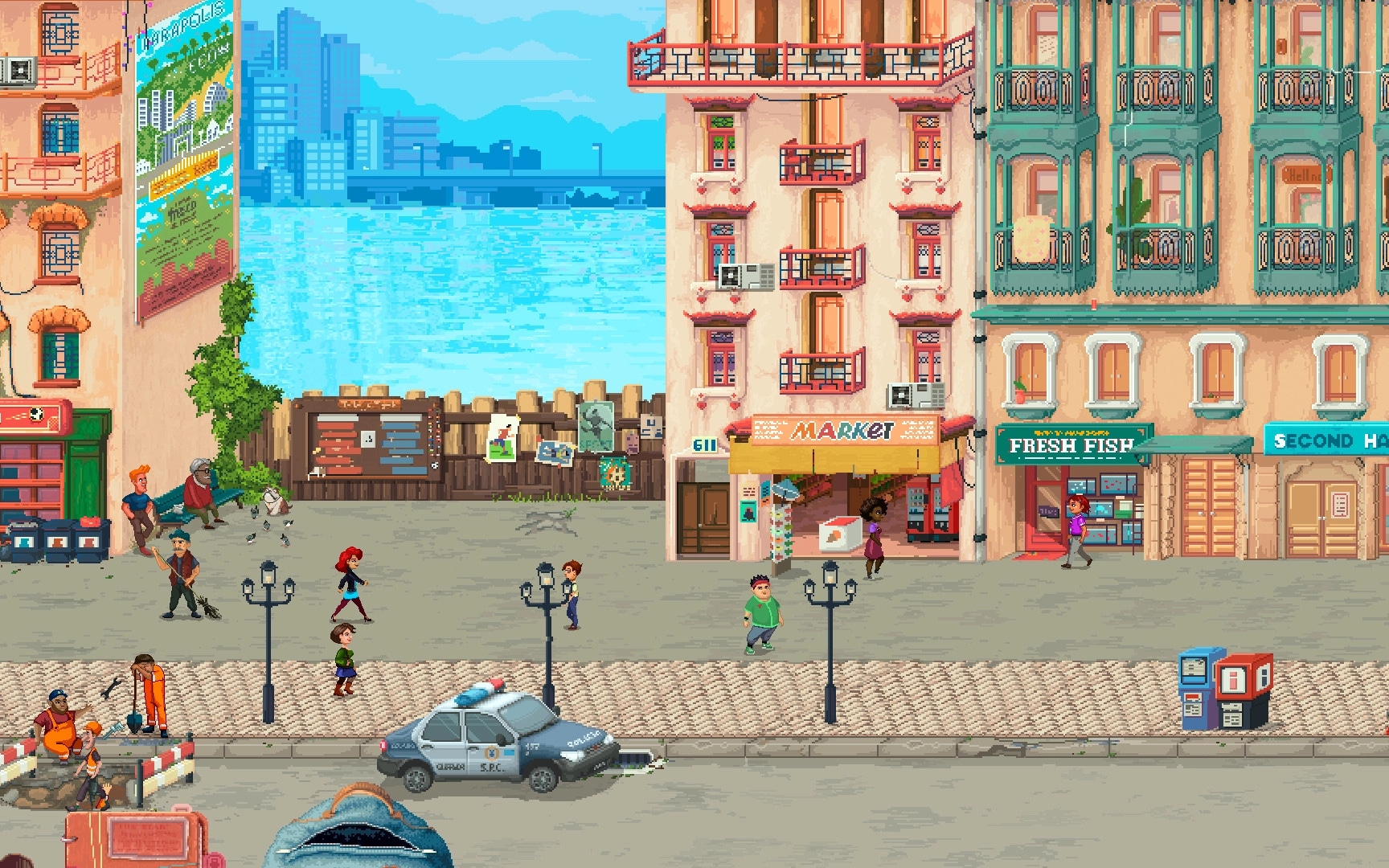 Football Story: Busy street scene with characters walking, market storefronts, and a police car parked