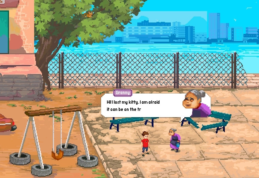Football Story: Granny asks for help finding her lost kitty in a park with swings and benches by the water.