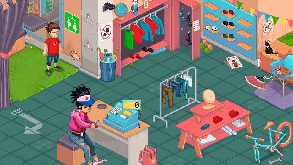 Football Story: Player at checkout counter in a vibrant clothing store with various outfits displayed