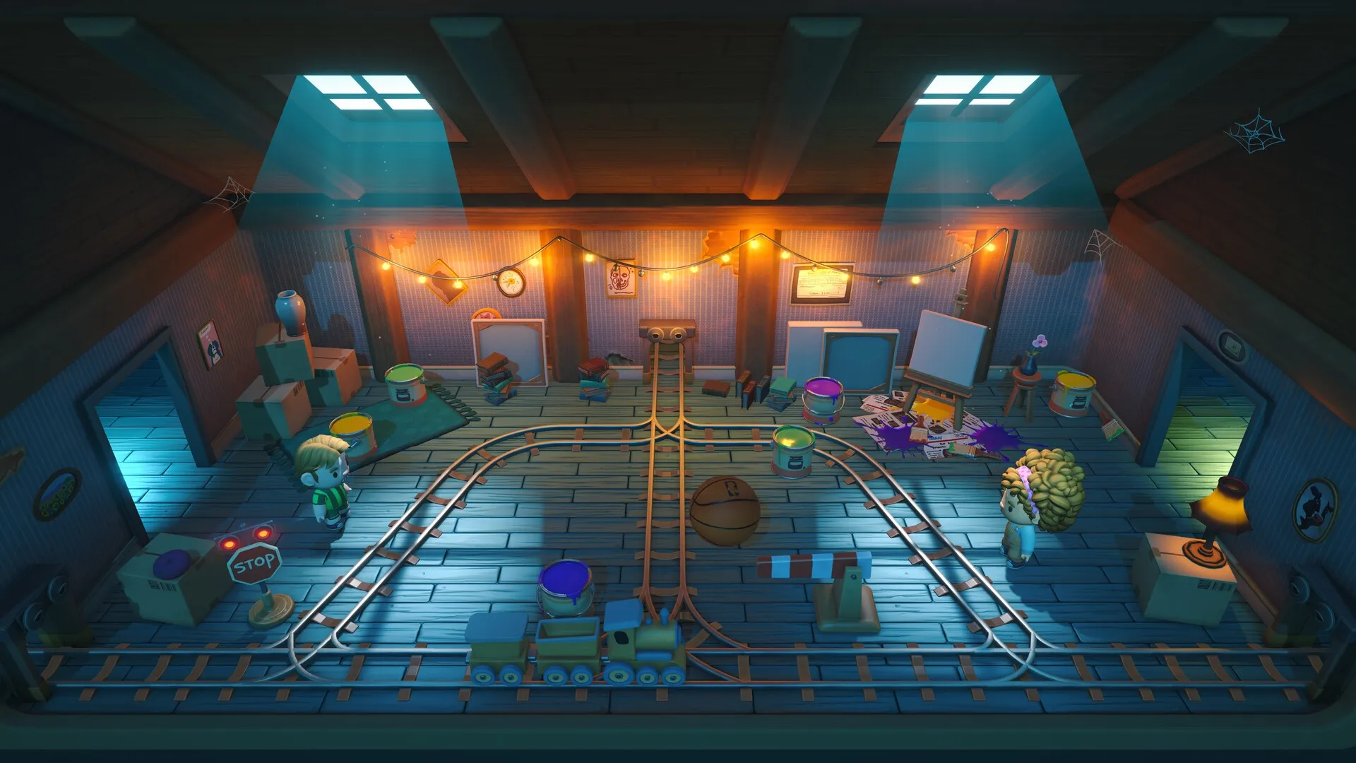 Footsy: Characters in attic game room with train tracks, paint cans, and scattered boxes
