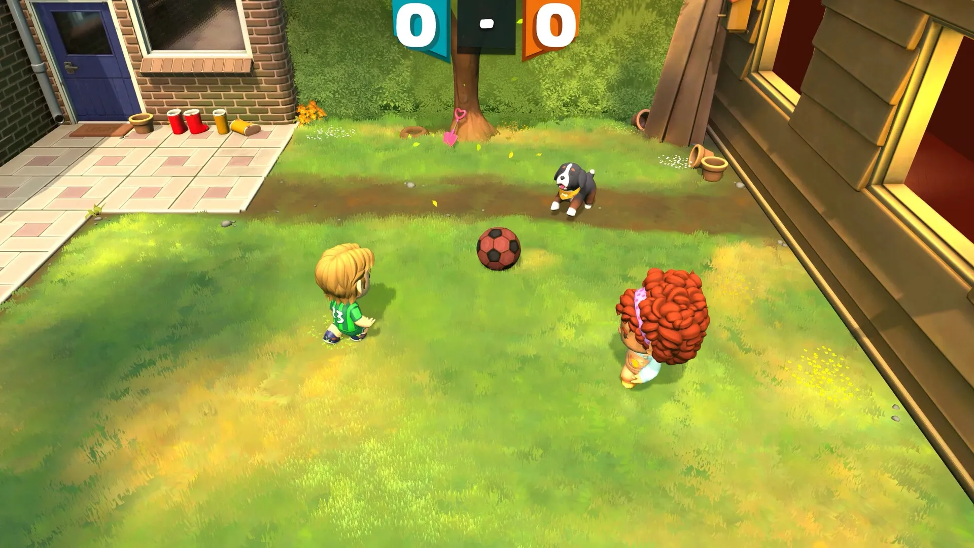 Footsy: Children and dog play soccer in backyard with score display above