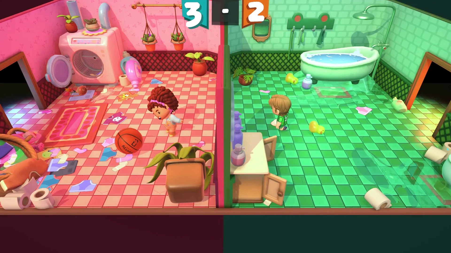 Footsy: Two players compete with a ball in a split-screen bathroom and laundry room setting