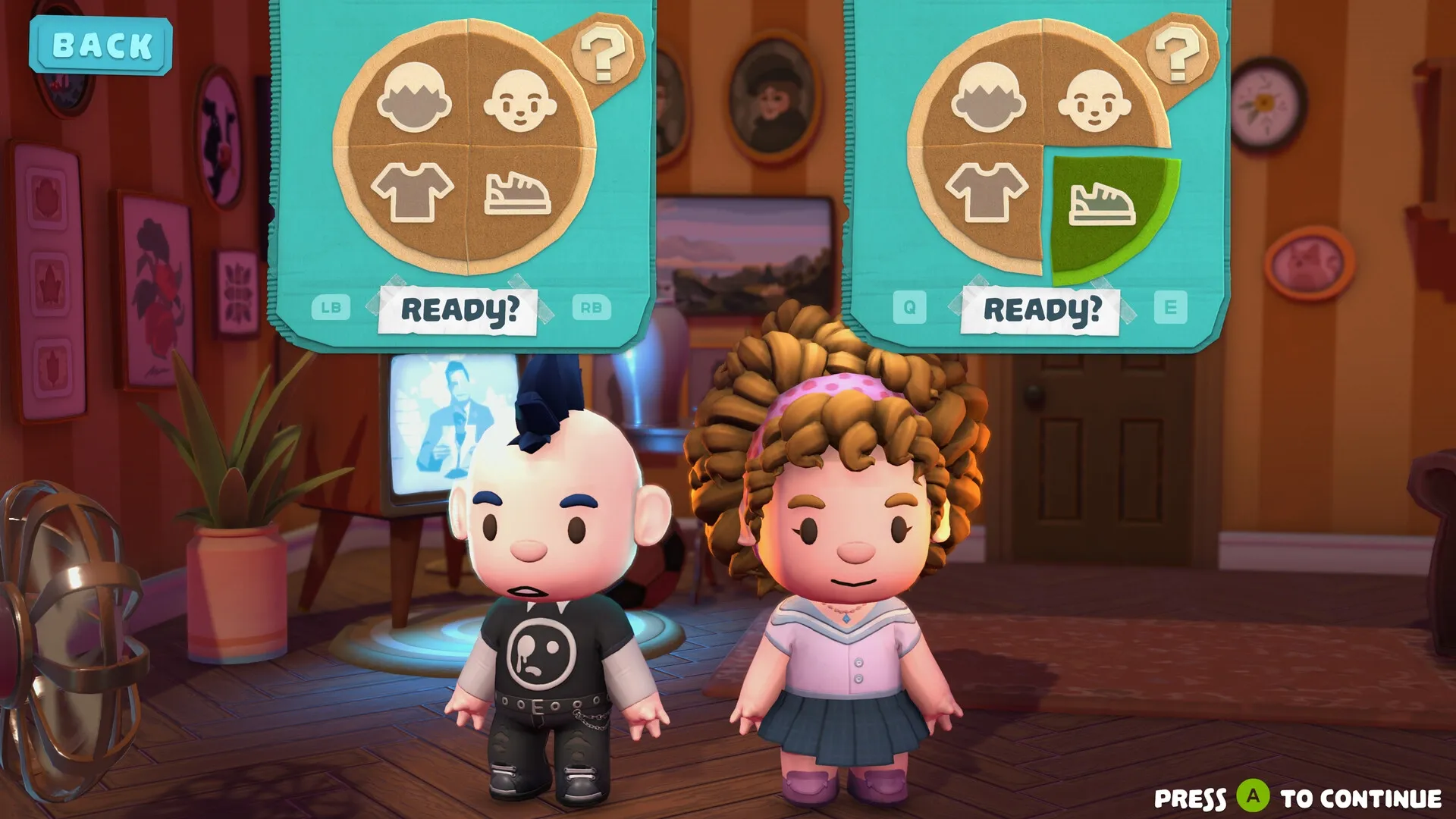 Footsy: Character customization screen with two avatars ready in a cozy living room setting