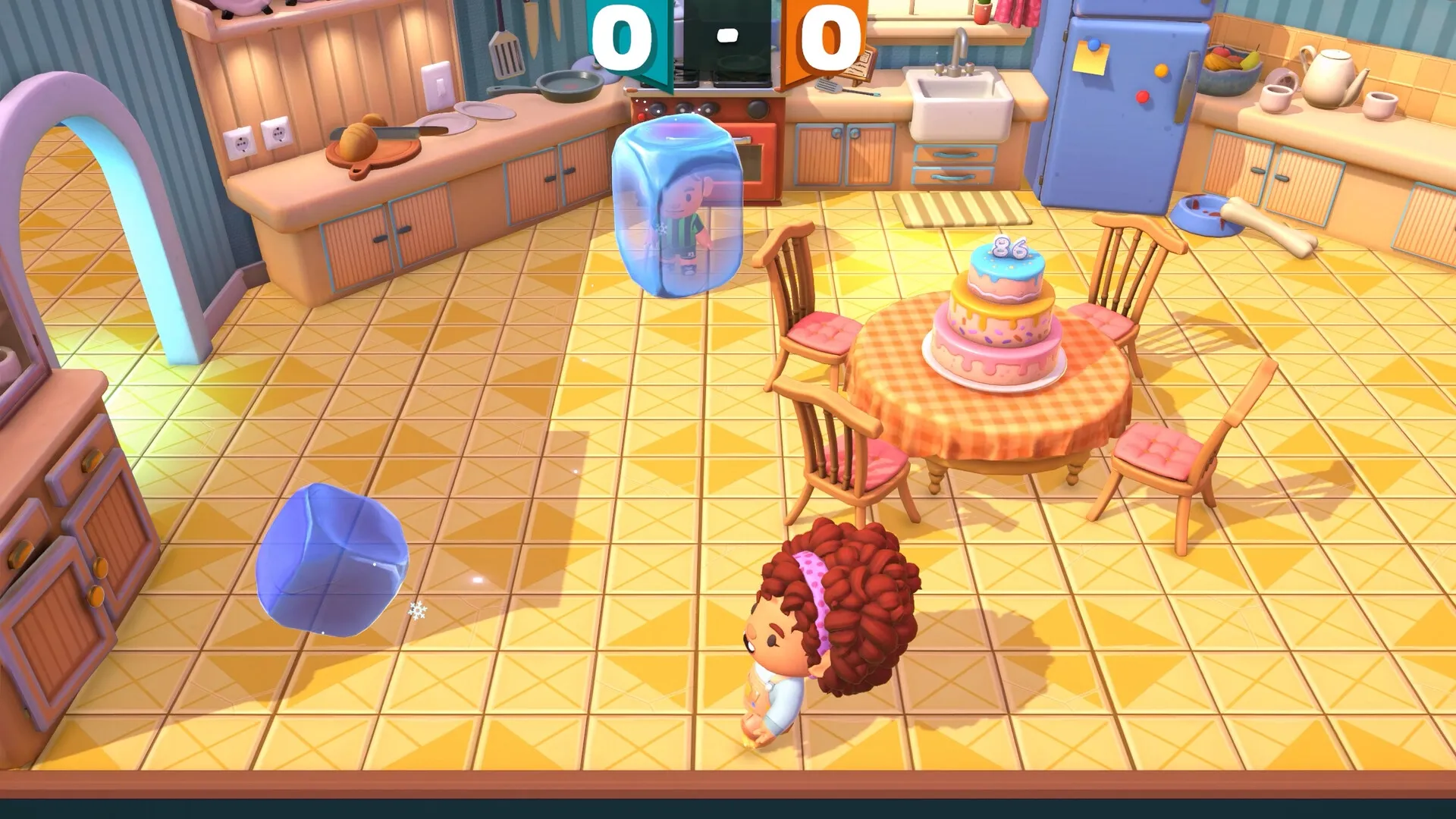 Footsy: Character frozen in ice block while another stands near kitchen table with a cake in grandma's house