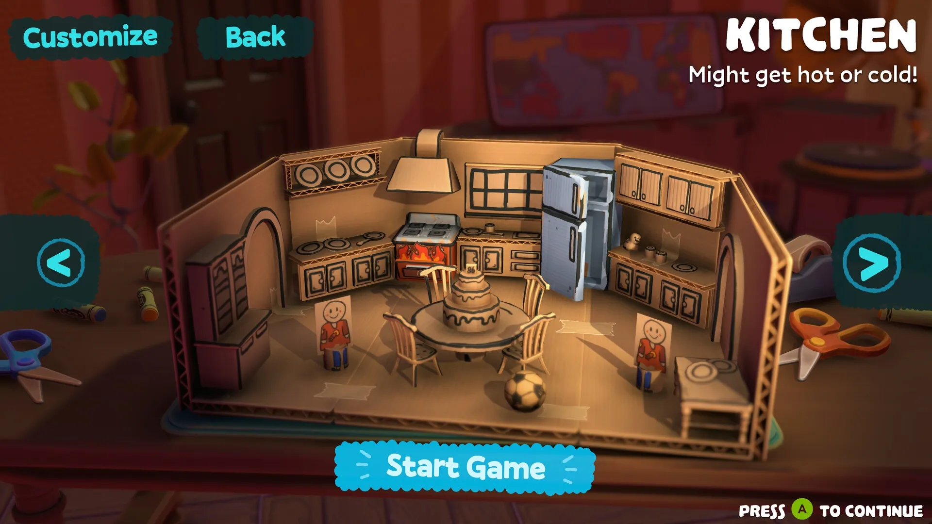 Footsy: Cardboard kitchen diorama with playful decor and interactive menu options visible