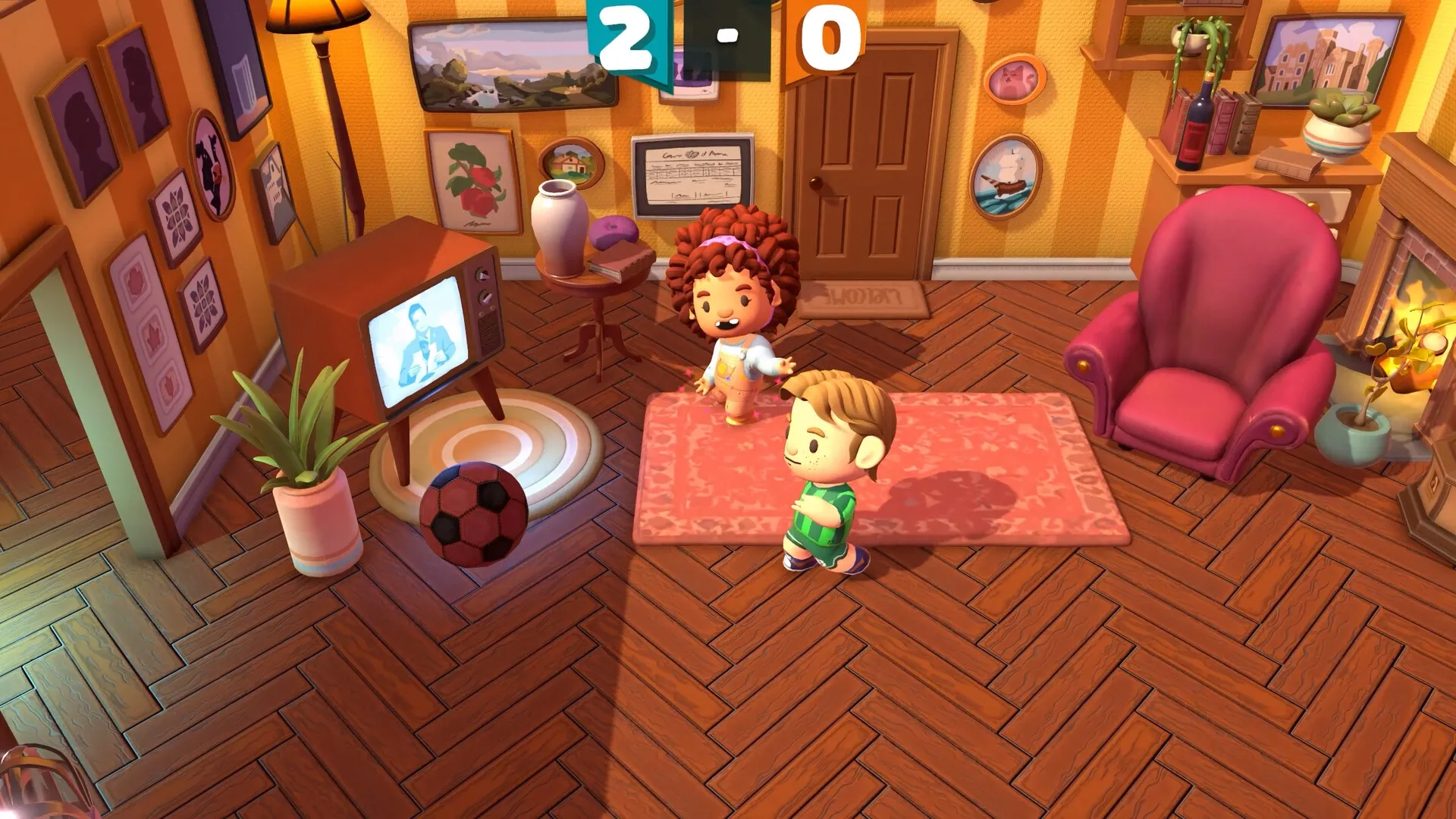 Footsy: Two players in a living room, soccer ball by TV, score 2-0, surrounded by cozy decor
