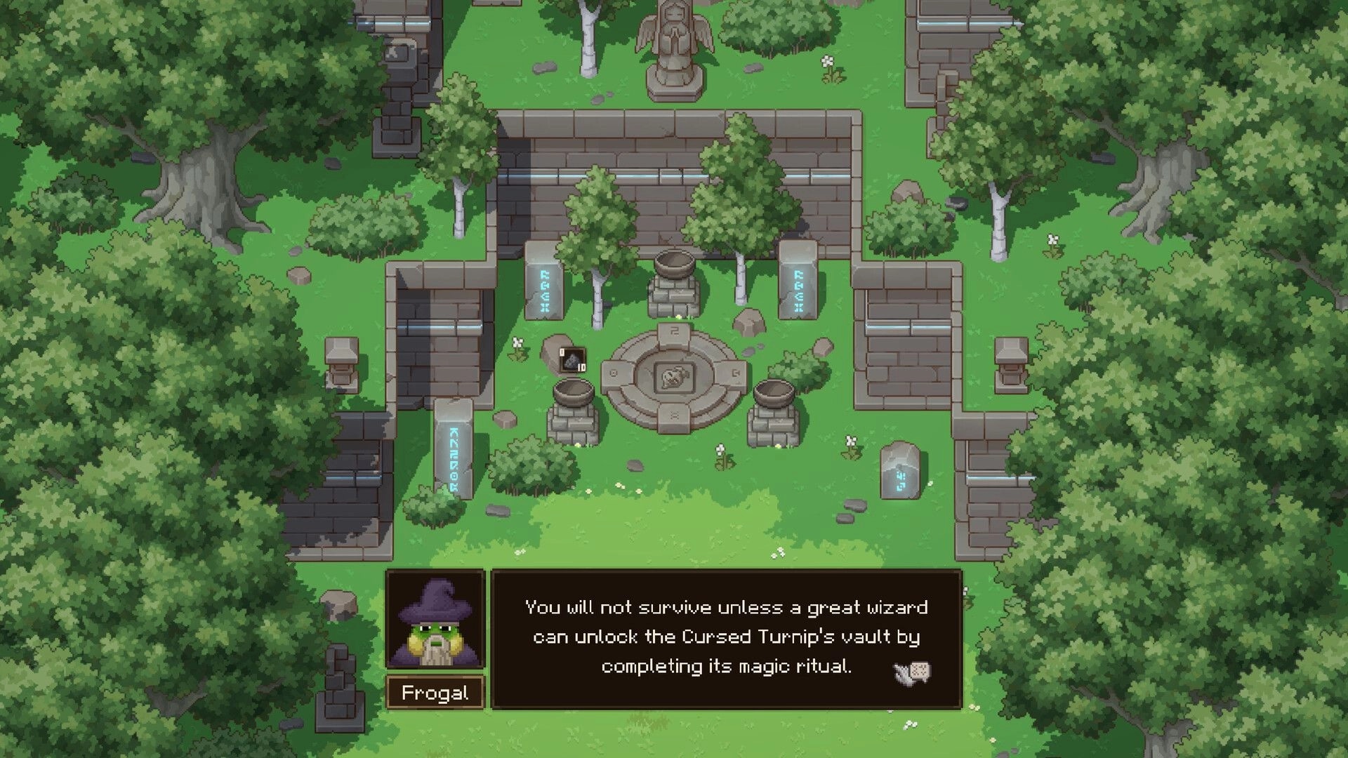 Forage Wizard: Frogal gives advice in a lush courtyard with stone structures and a central ritual circle.