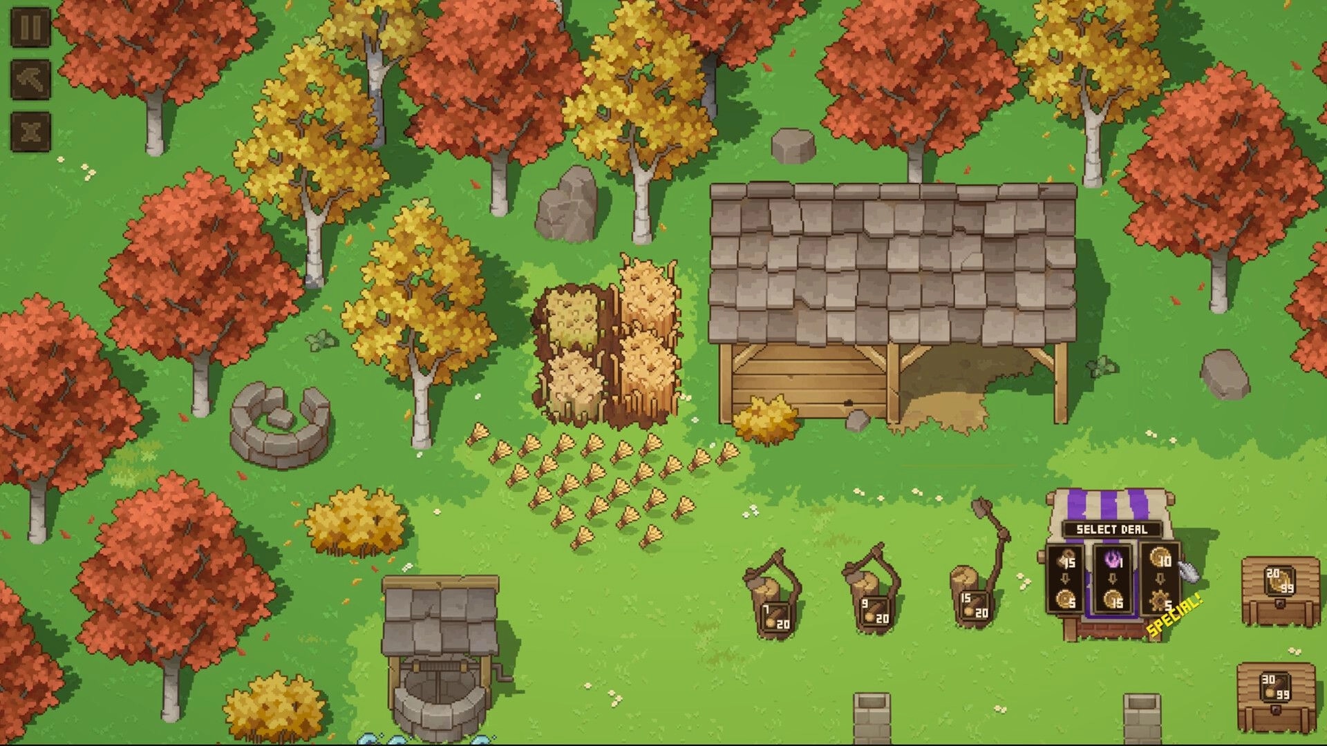 Forage Wizard: Harvested crops, trading stall, and autumn forest scene with stone circle and sheds