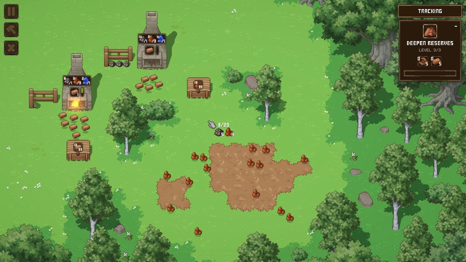 Forage Wizard: Resource collection and crafting setup in a lush forest clearing with visible furnaces