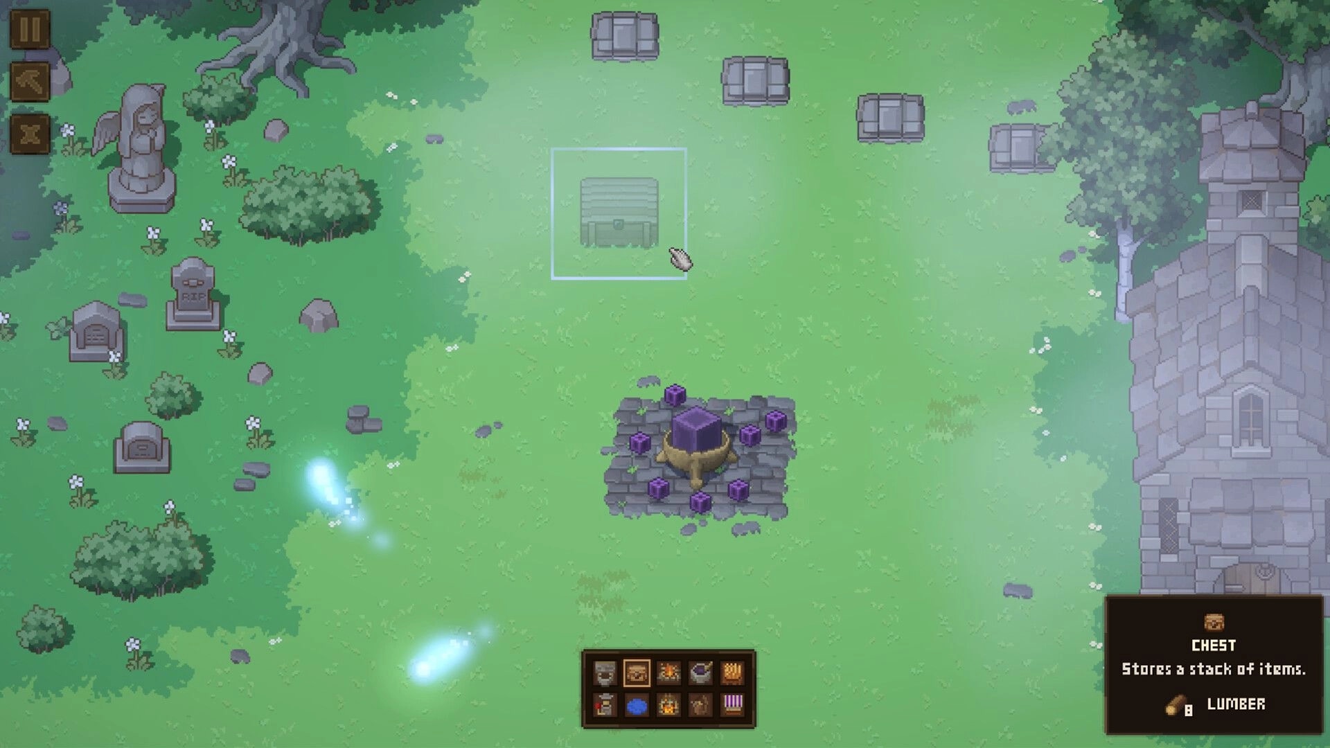 Forage Wizard: Cursor highlights chest in grassy area with gravestones, crafting menu, and stone building