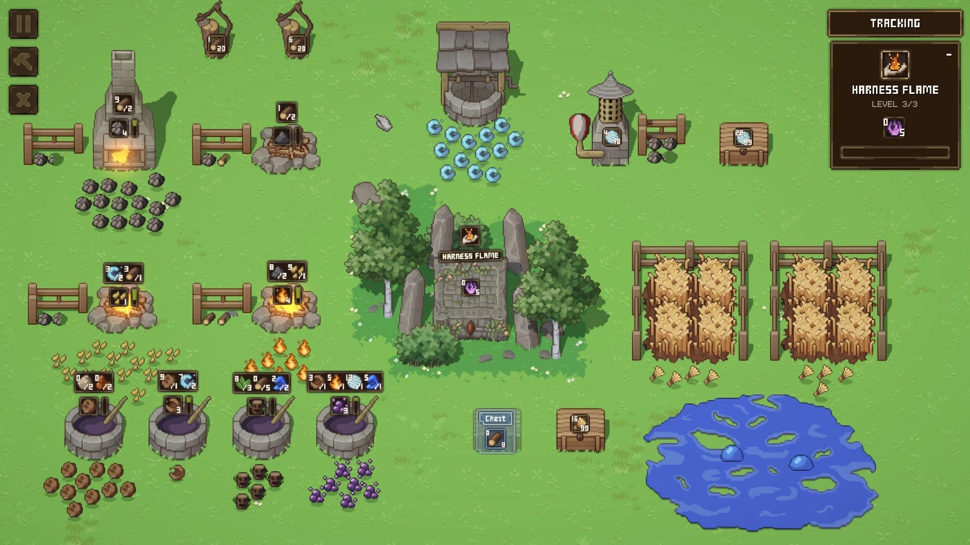 Forage Wizard: Resource crafting setup with wells, furnaces, and cauldrons in a grassy field environment.